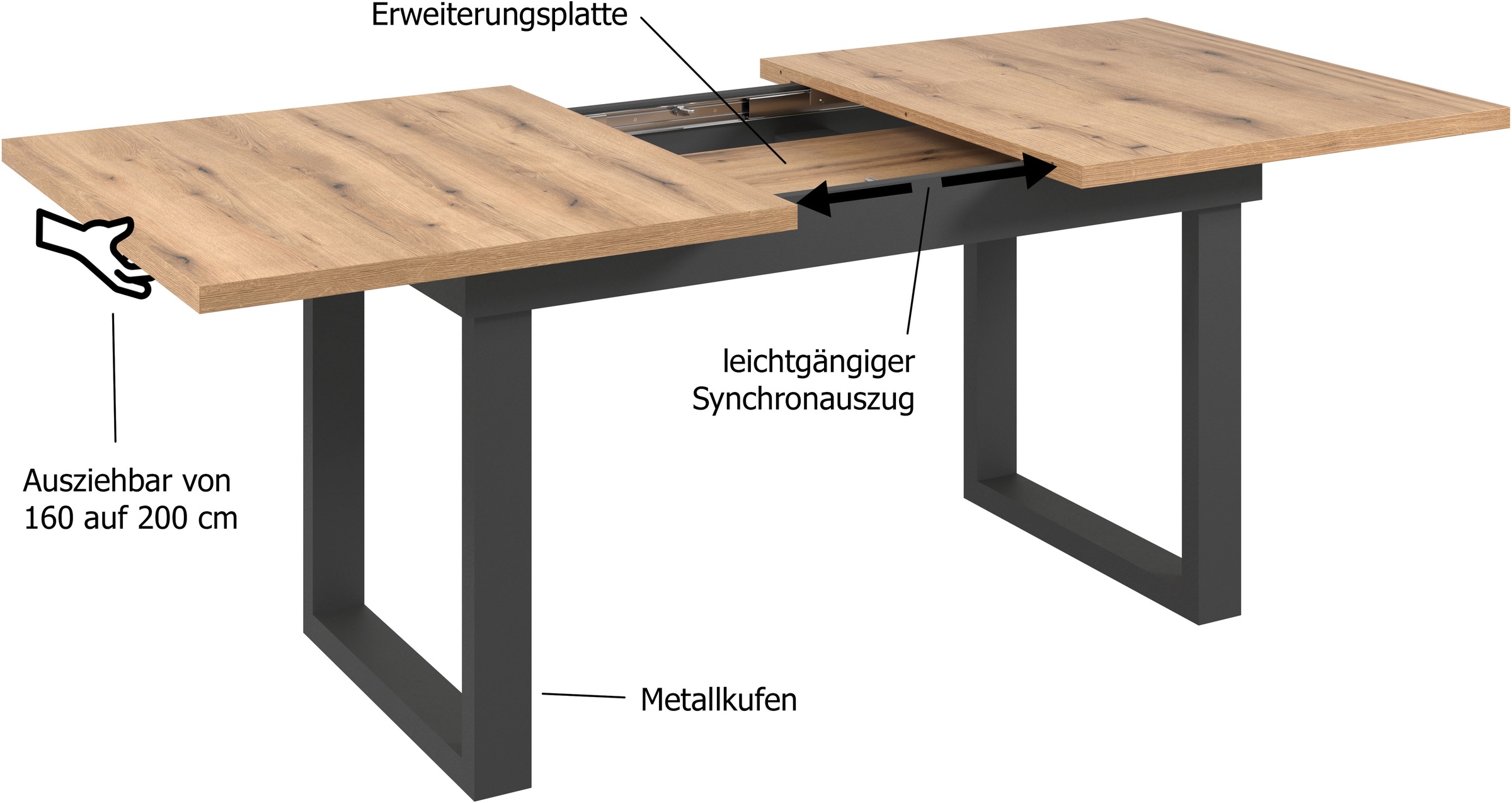INOSIGN Table de salle à manger »Valencia« 1 cuis tlg. Synchroauszug; Metallkufen, ausziehbar auf 200 cm