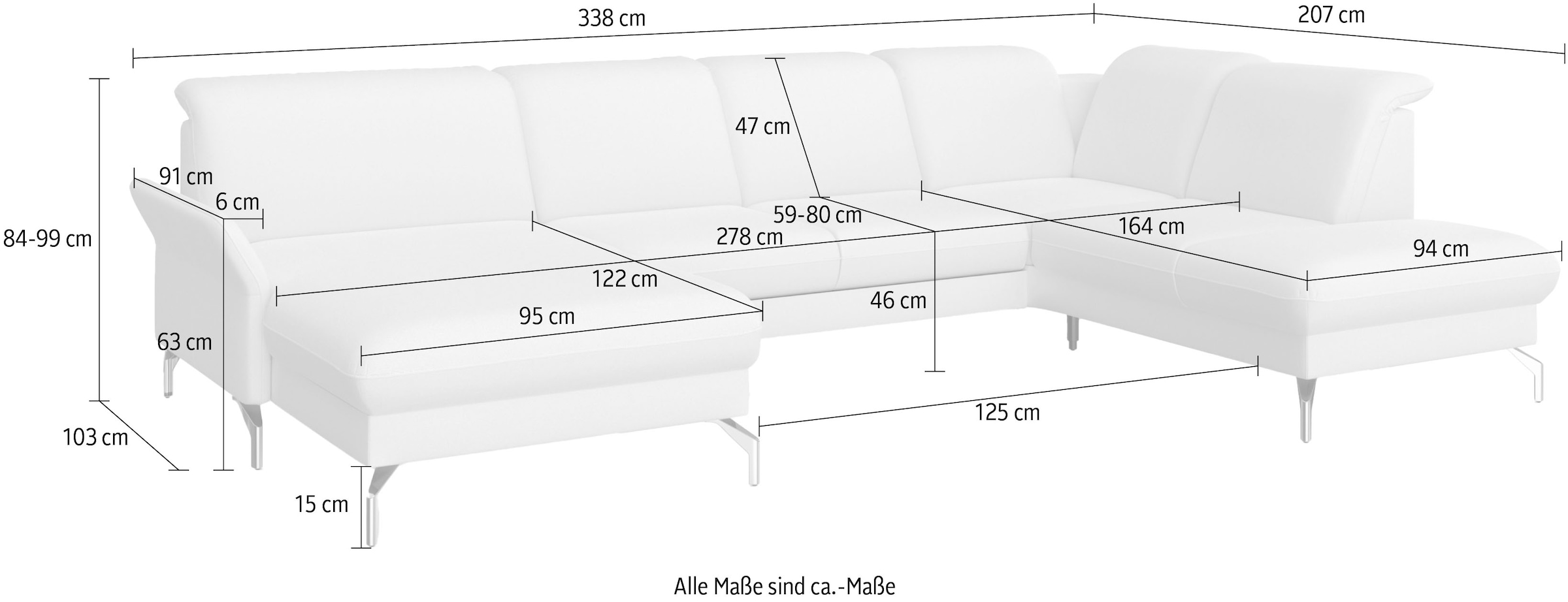 sit&more Wohnlandschaft »Fashion U-Form« wahlweise mit Kopfteilverstellung, Vorziehsitz, motorisch, Metallfüsse