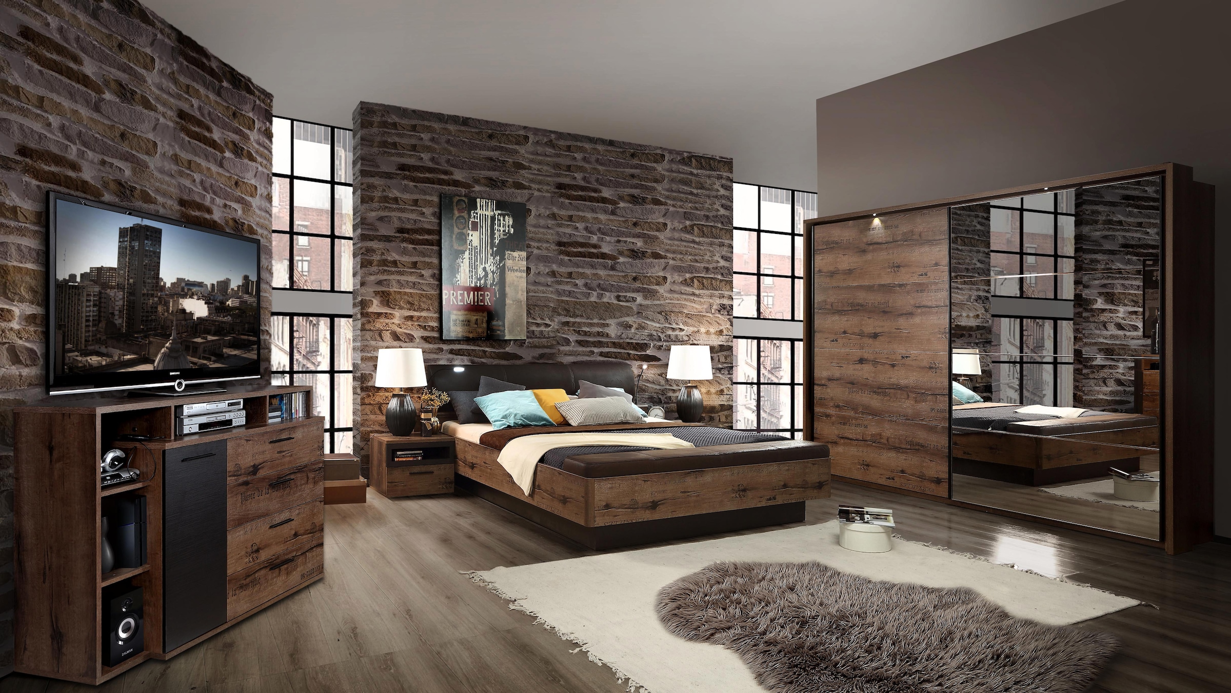 FORTE Lit »Jacky, Belastbarkeit 250 kg, Stauraum« Surface de couchage 180x200 cm,  Tête de lit rembourrée et banc intégré en panneau de bois certifié FSC