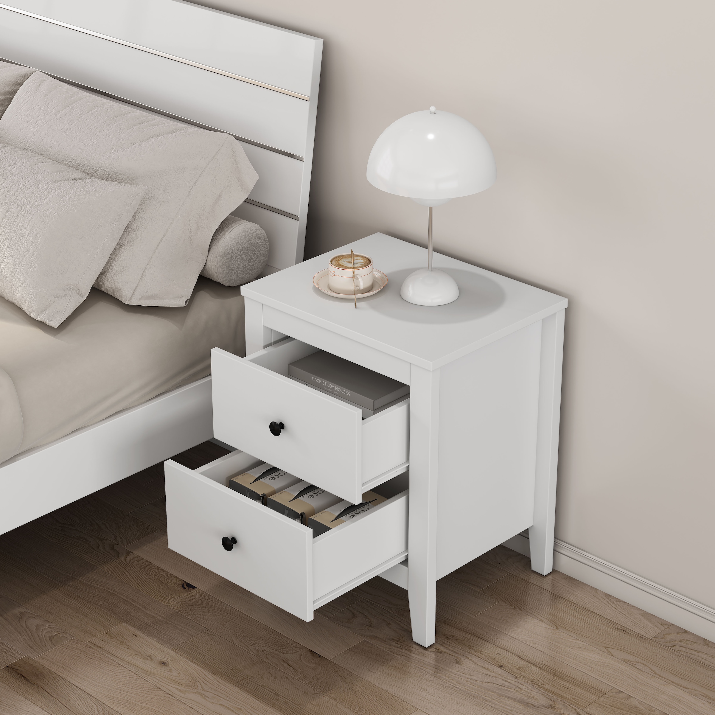 GOODproduct Table de nuit »Borkum Nachttisch Set im Landhaus Design weiss Bestseller« Set, 2 Schränke im Set, schwarze Griffe aus Metall,  Nachttisch Set mit je 2 Schubladen , Beistelltisch