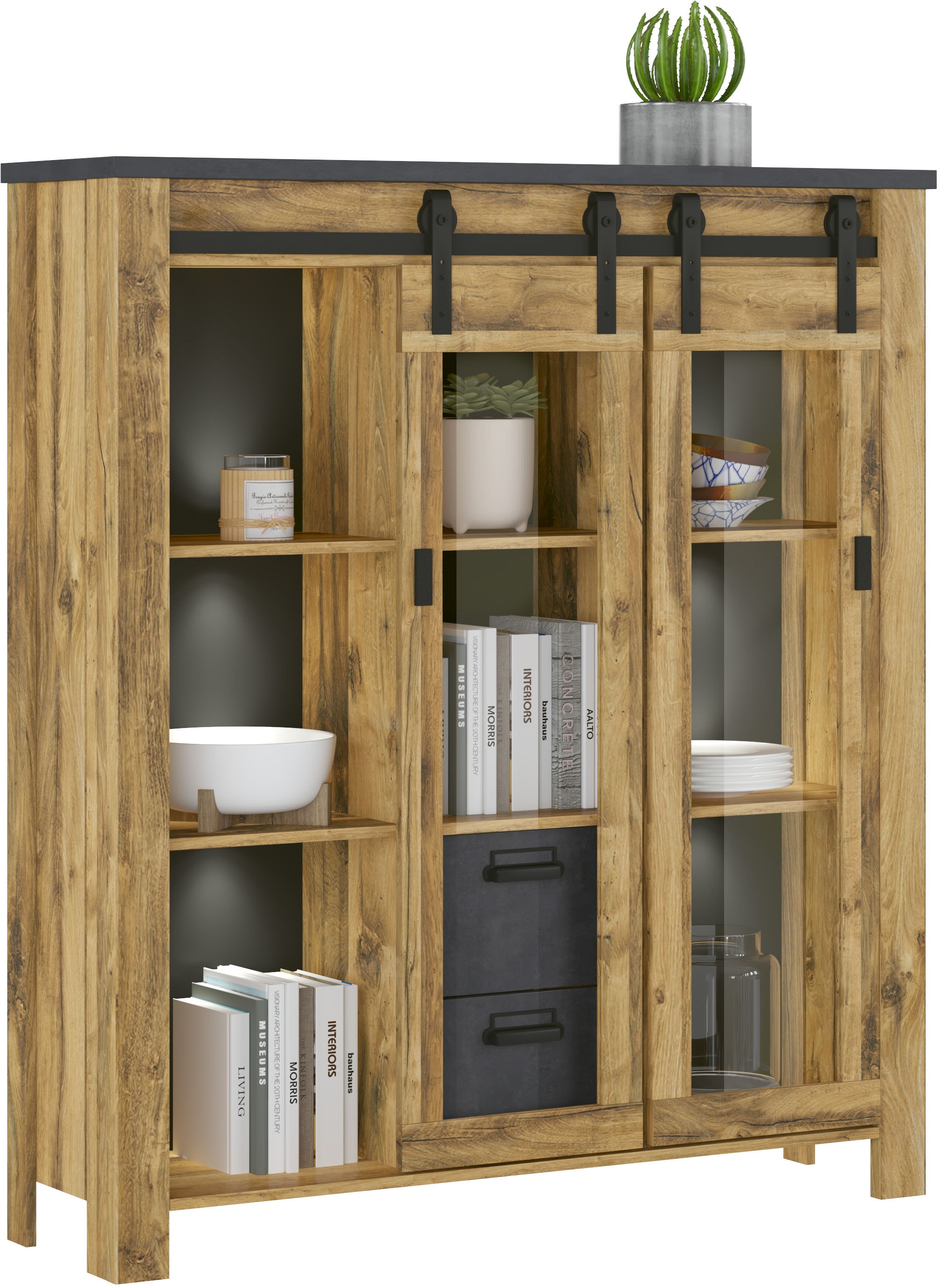 Home affaire Highboard »York, moderner Hochschrank, Vitrine in Hunton Oak, Industrialdesign« mit Scheunentorbeschlägen & Apothekergriffen aus Metall, 150 cm hoch