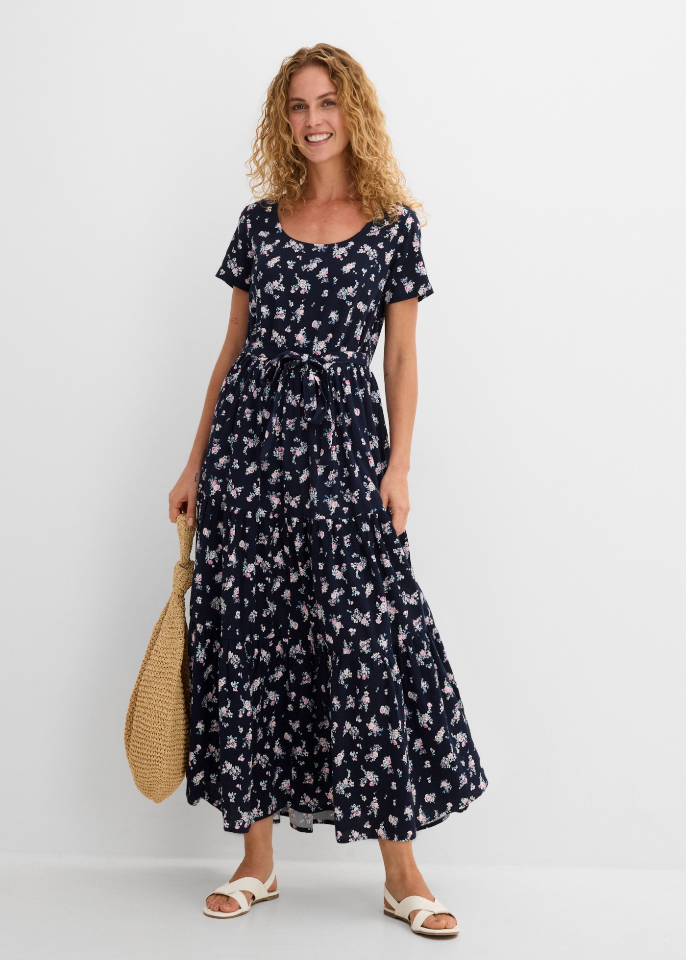 bonprix Maxi robe en coton pur, coupe loose fit, manches courtes, motif intégral