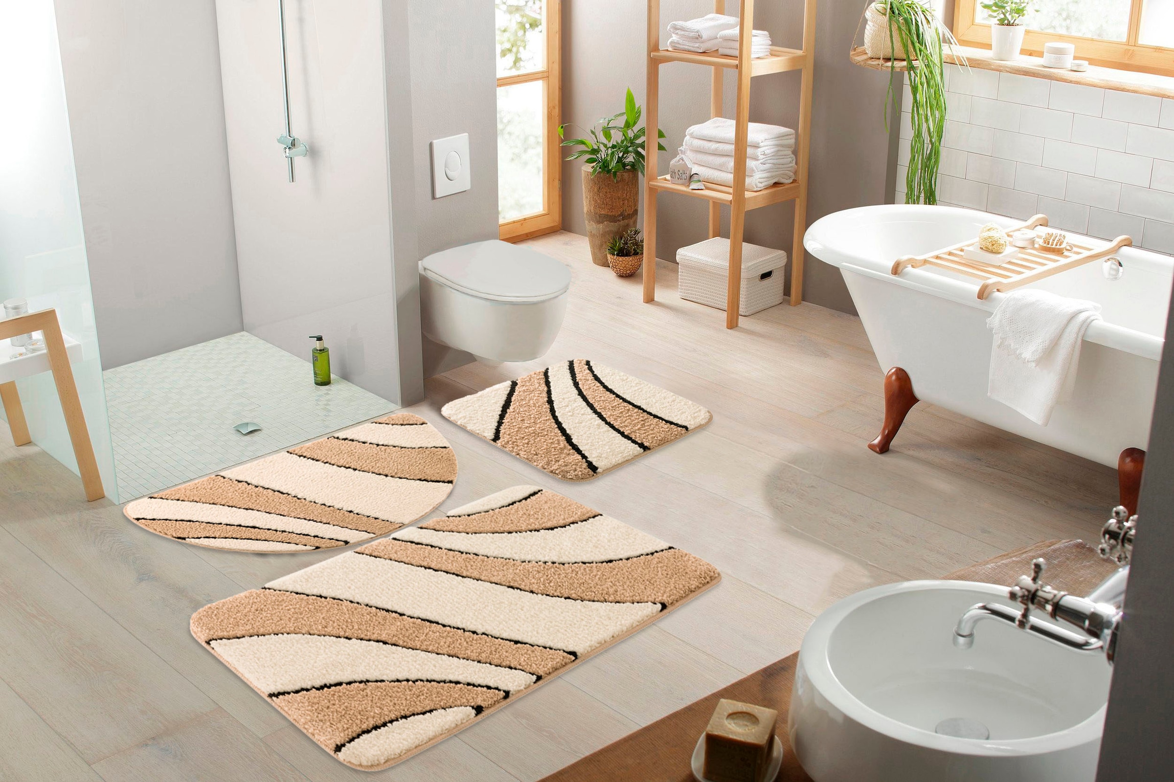 my home Badematte »Anna, Badvorleger, Badezimmer Teppich« Höhe 16 mm rutschhemmend beschichtet fussbodenheizungsgeeignet | schnell trocknend Badteppich, Hoch Tief Effekt, Modern, Weich, Wellen