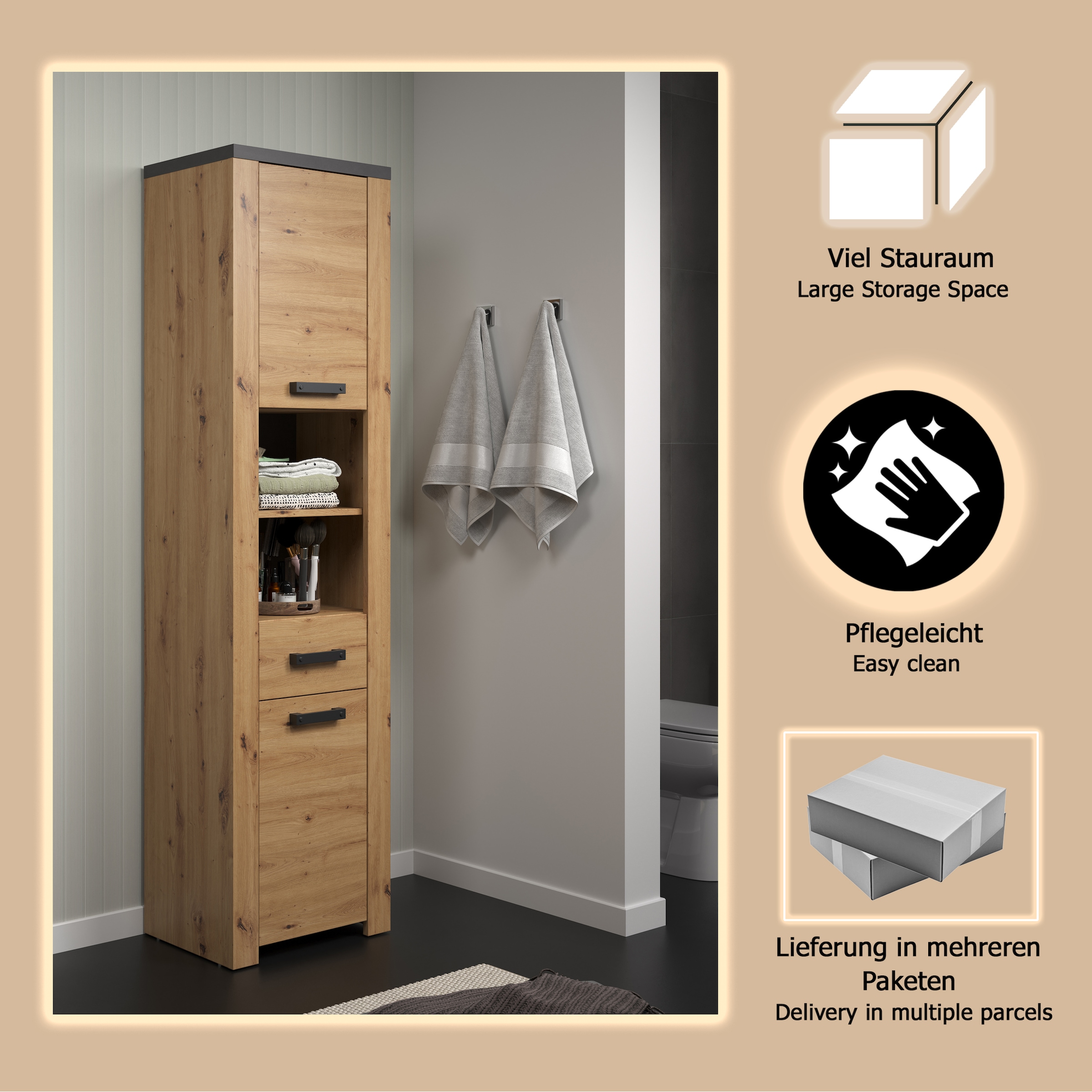 welltime Armoire haute »Ambres« 1 cuis tlg. Hochschrank mit Soft-Close Funktion - (B/T/H) 53/35/196 cm