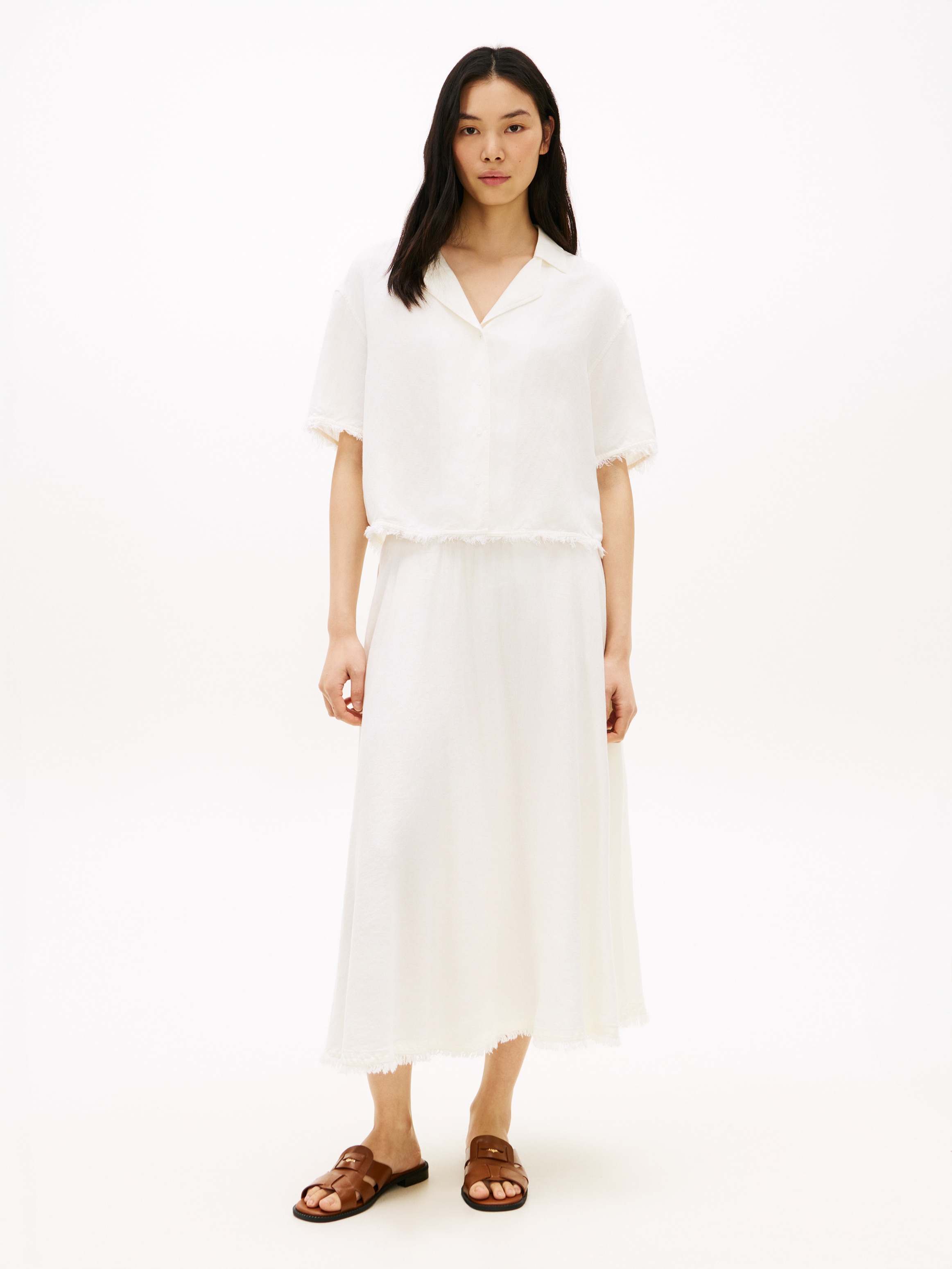Tommy Hilfiger Jupe en ligne A »VIS/LINEN VOLUME MIDI SKIRT« mélange de lin avec fines plis, coupe décontractée