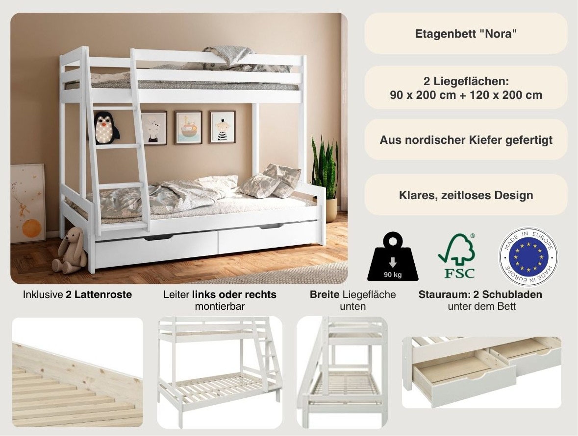 GOODproduct Etagenbett »Doppelstockbett, Hochbett, "NORA" BESTSELLER!« Leiter beidseitig montierbar,  mit Schubladen, zertifiziertes Massivholz, breite Liegefläche unten