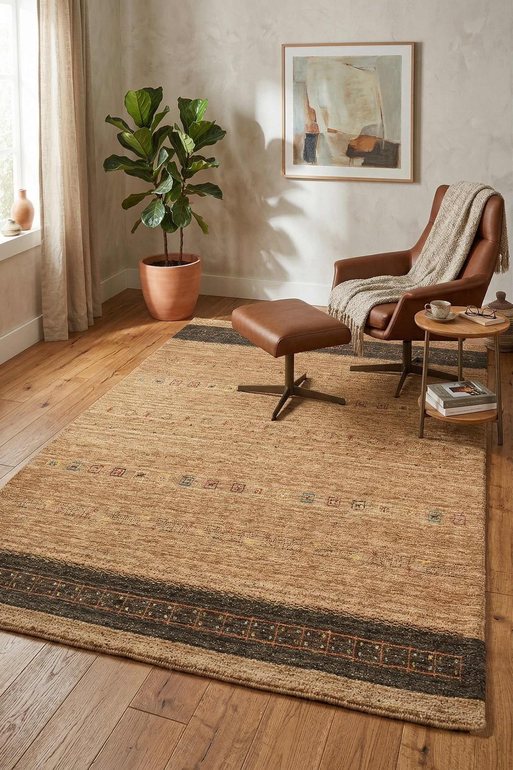 THEKO Tapis en laine »Lori Star Gold« Rectangulaire 12 mm Höhe laine pure, tissé main, idéal pour le salon et la chambre