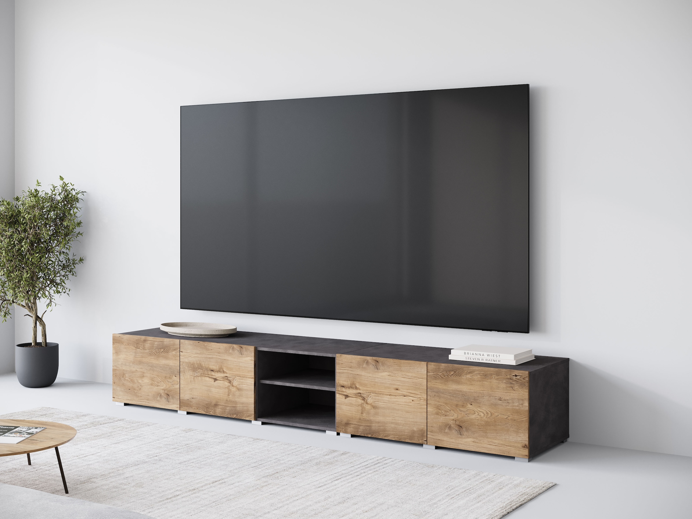 GOODproduct Lowboard »Denver 250 cm für bis zu 98-Zoll TVs - Weltmeisterschaft im XXL Format« Wahlweise mit oder ohne offenes Fach in der Mitte