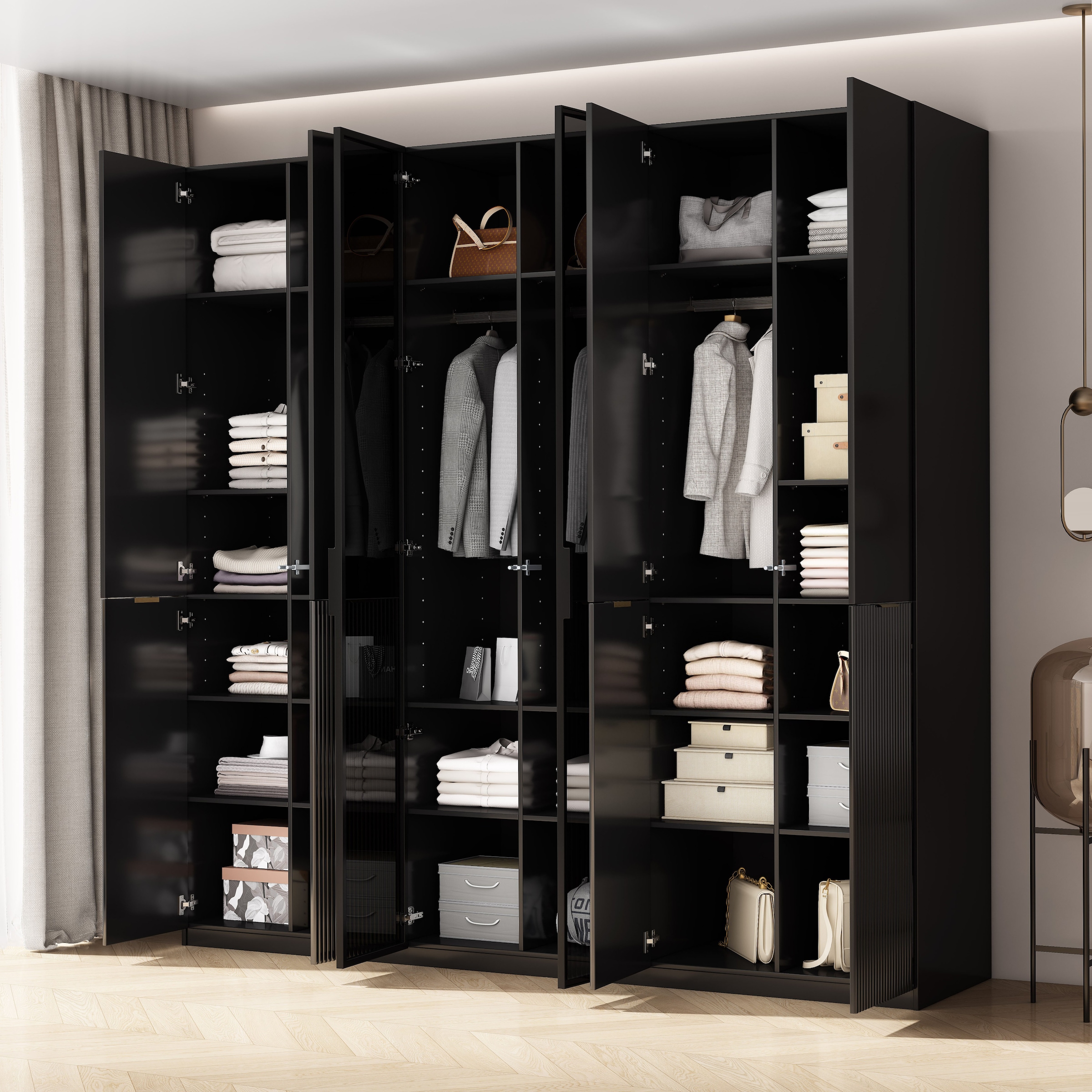 GOODproduct Kleiderschrank »Jorella Schlafzimmerschrank Garderobe mit Softclose Türen Glastüren« eleganter Schlafzimmerschrank Rillendesign Trend Breite 241cm Grauglas