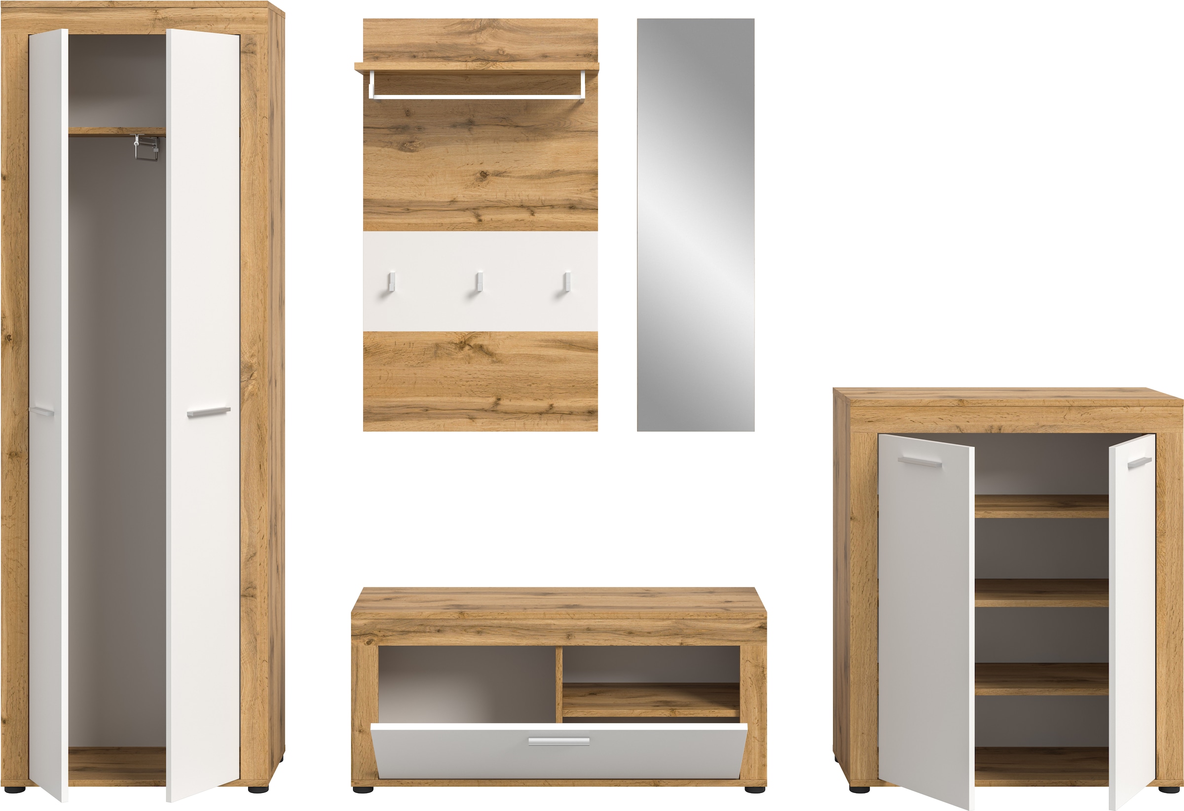 Home affaire Garderoben-Set »AOSTA, TOPSELLER!, Breite 285cm, 5-teilige Garderobenkombination« Set, bestehend aus: Garderobenschrank, Sitzbank, Paneel, Spiegel & Kommode, 5 Stk. tlg.