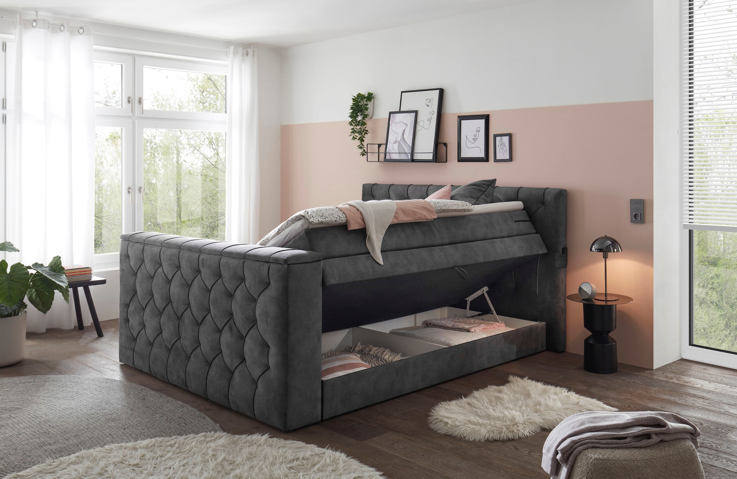 ED EXCITING DESIGN Boxspringbett »Springdale« mit Bettkasten, motorisierter TV-Halterung, Duo-Matratze (H3/H4)