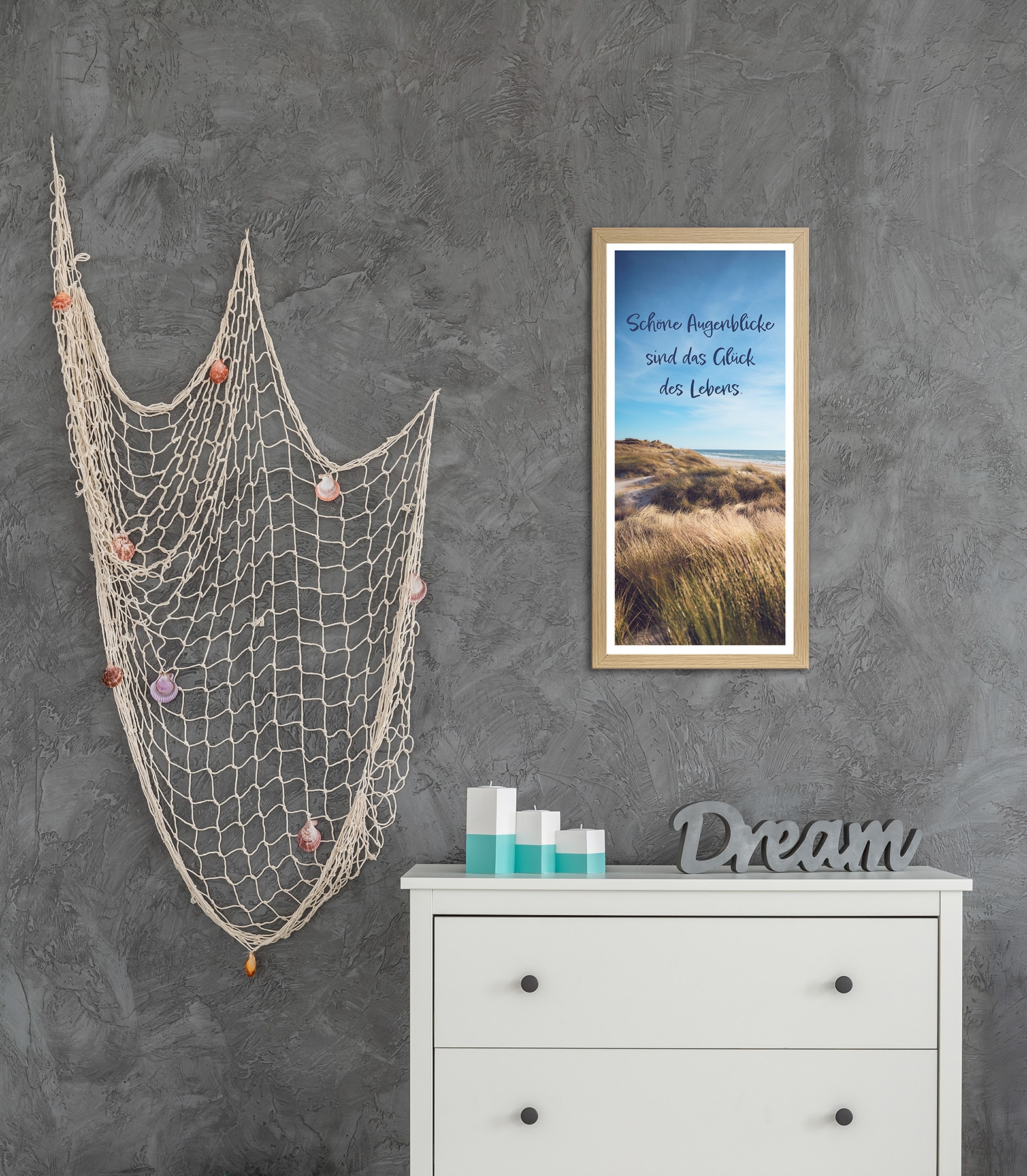 Bönninghoff Bild mit Rahmen »Wandbild gerahmt SCHÖNE AUGENBLICKE – STRAND 23x49 cm – Natur Wanddeko« Düne | Sprüche | Strand 1 Stk. tlg. mit dekorativem Rahmen