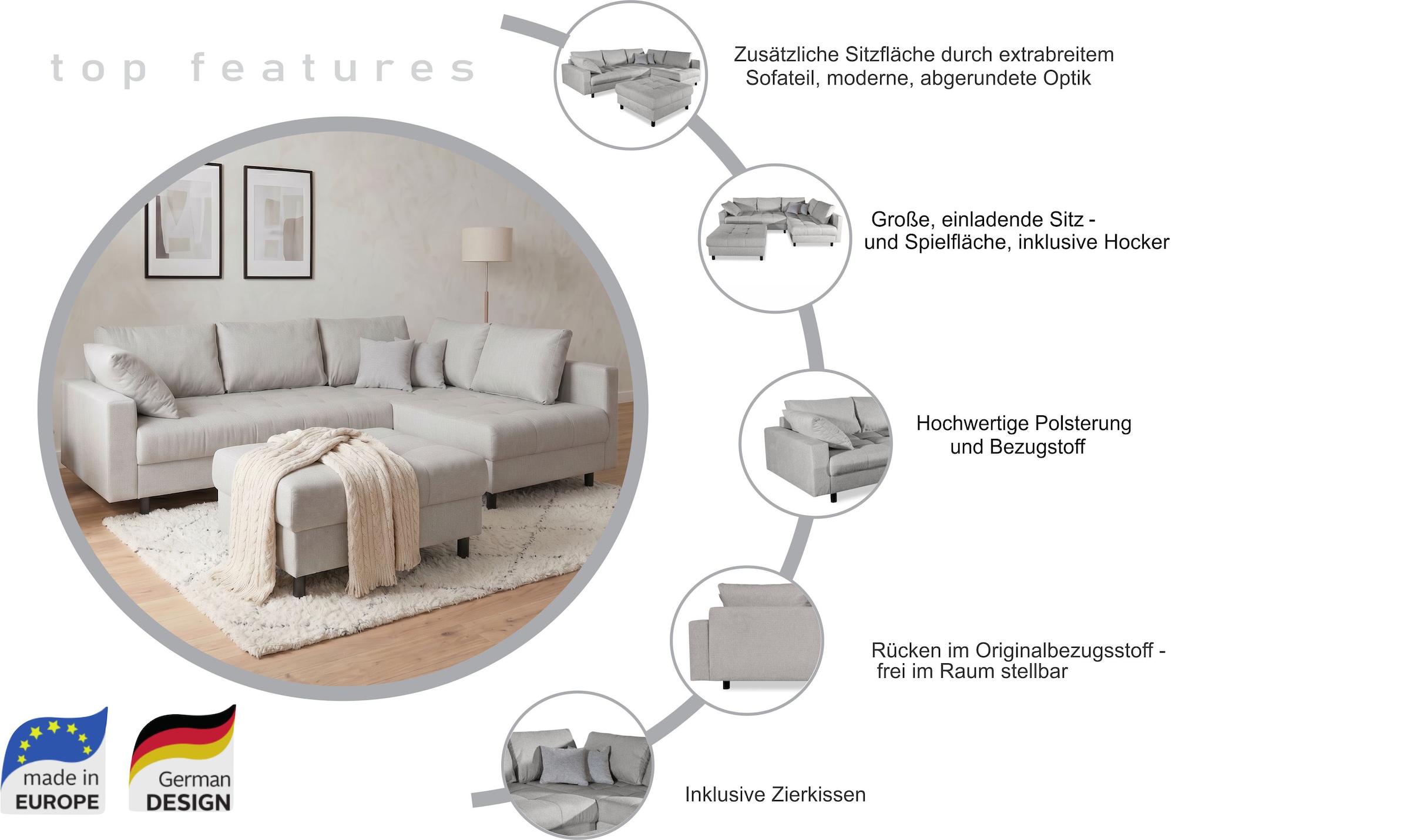 COLLECTION AB Canapé d'angle »Toni L-Form 274 cm« Set : canapé & pouf, 2 coussins décoratifs, ressorts Bonell
