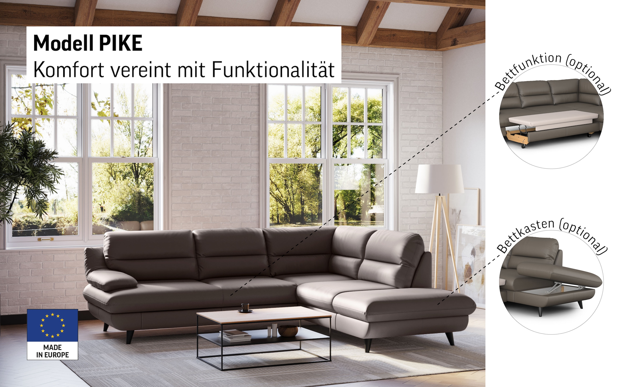 COTTA Canapé d'angle »Pike L-Form, B: 266 cm« Options fonction lit & coffre de lit