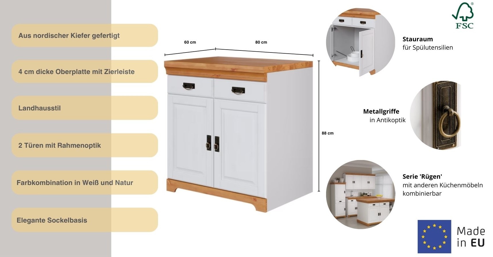 Home affaire Spülenschrank »Rügen« Breite 80 cm, Kiefer massiv, mit 2 Türen