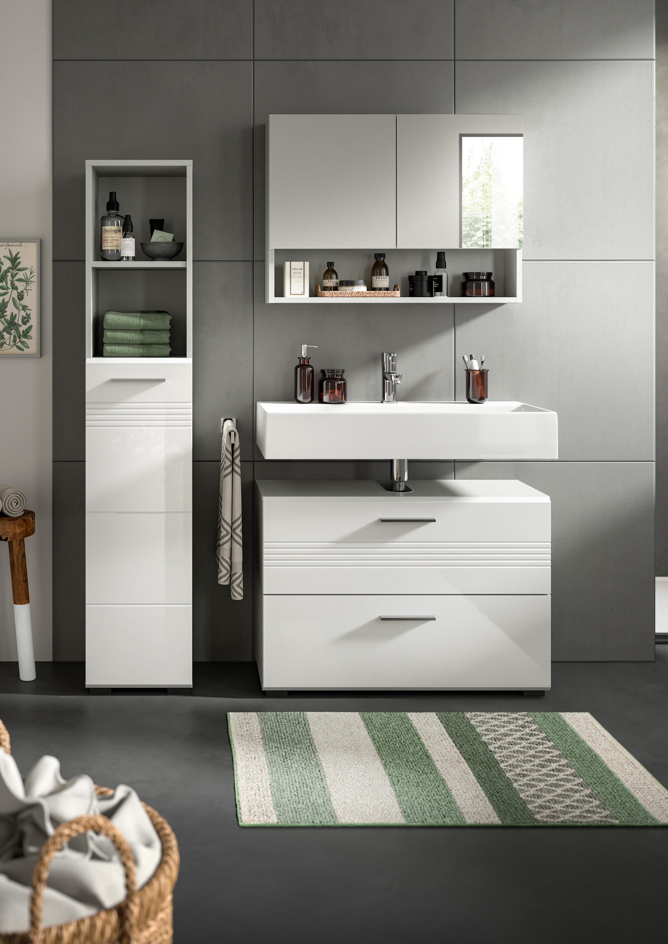 welltime Badmöbel-Set »Calicio, bestehend aus:Waschbeckenunterschrank,Hoch-und Spiegelschrank« 3 Stk. tlg.
