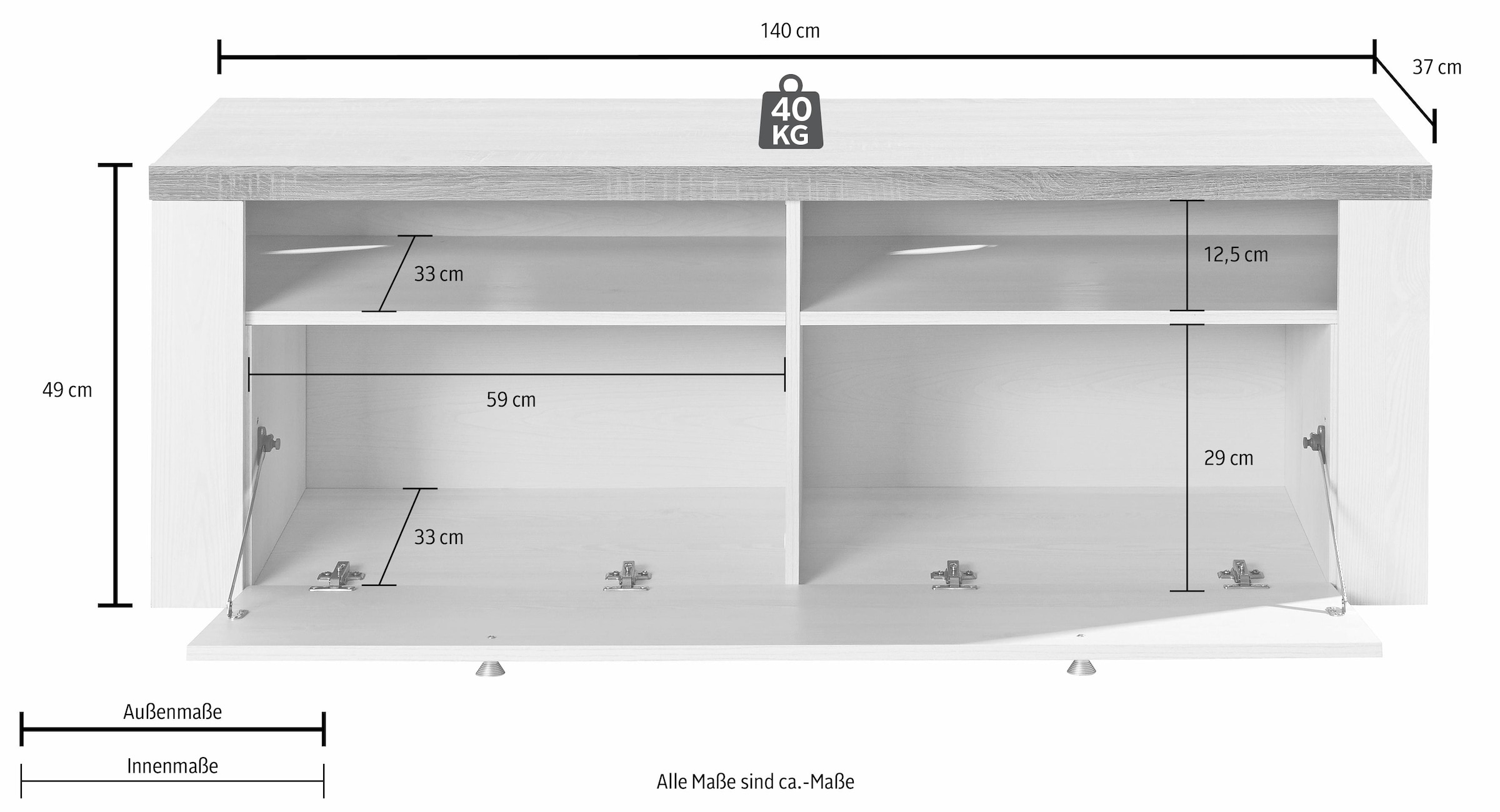 GOODproduct Table basse »Larona, zeitloses TV Board mit 1 Klappe und 2 offenen Fächern« Largeur 140 cm, banc TV, beaucoup de rangement, look cadre décoratif