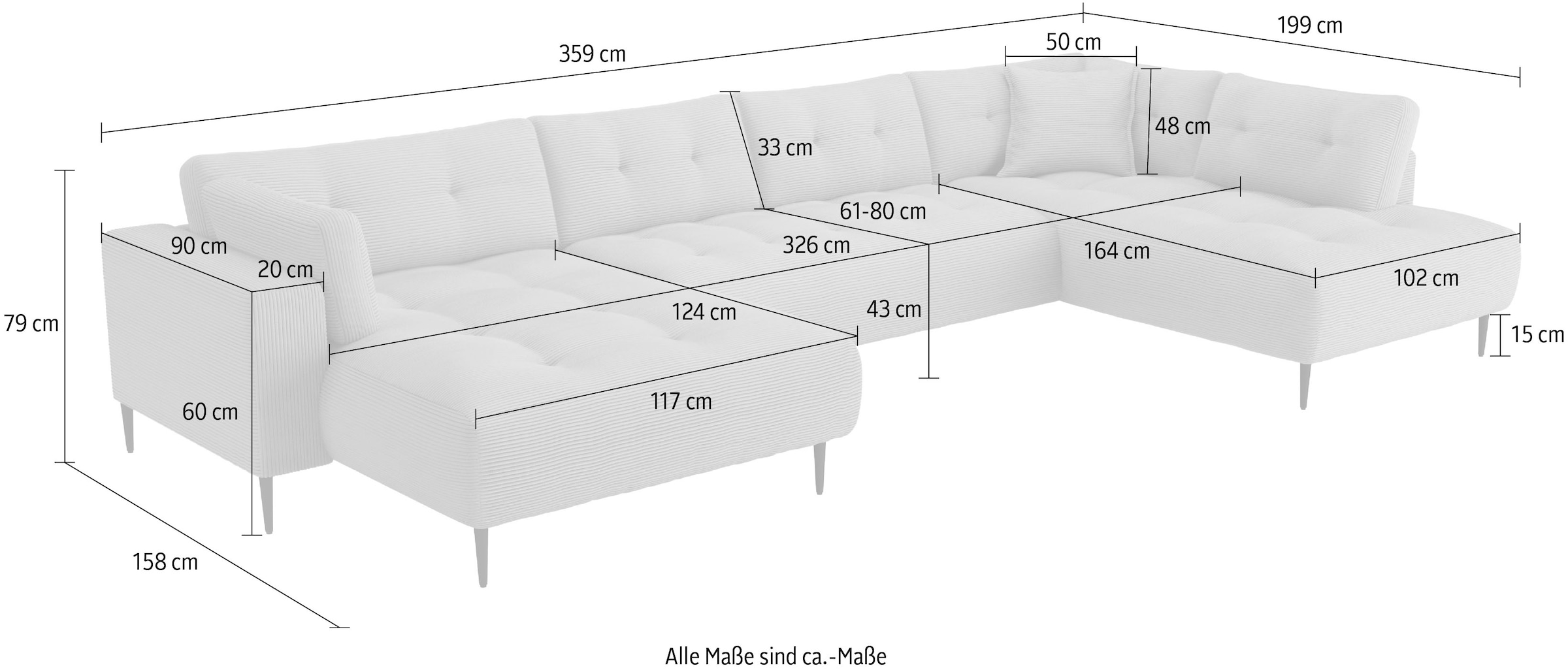 Trends by HG Paysage de salon »Leo U-Form, XXL-Sofa / Couch mit bequemer Polsterung & Zierkissen« Sofa mit mittelfesten Sitzkomfort, edle Steppung & Metallfüsse, Cord