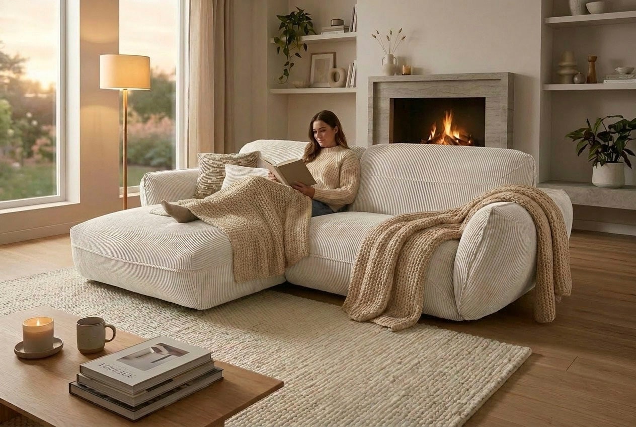 TRENDMANUFAKTUR Canapé d'angle »Be Chilled, modernes Lounge-Design mit stilvoller Kedernaht« avec confort d’assise doux, en velours côtelé de haute qualité à toucher doux