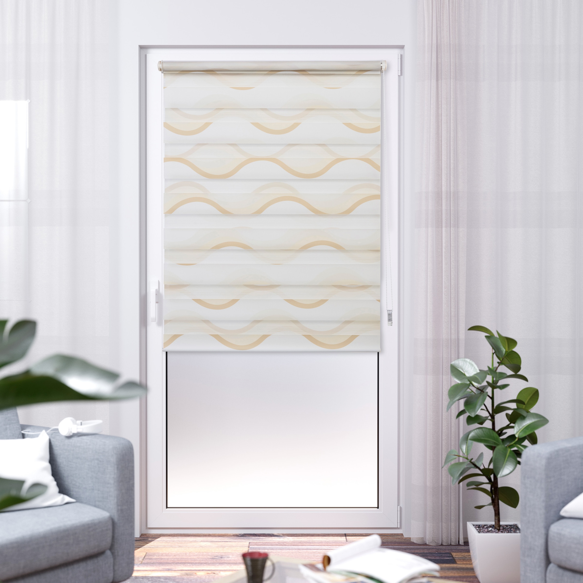 K-HOME Store double »Wellen Design« protection contre la lumière protection visuelle Aucun perçage requis suspendu librement imprimé avec motif