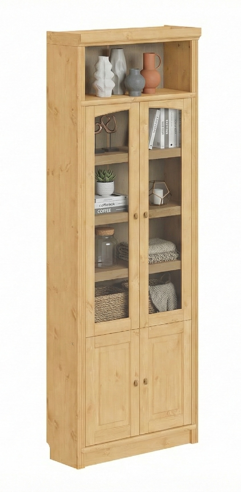 GOODproduct Vitrine »Soeren Regal mit 2 Glastüren und 2 Holztüren, B/TH: 80/29/220 cm« Kiefer FSC®-zertifiziert, 1 offenes Fach, 6 Fächer hinter den Türen