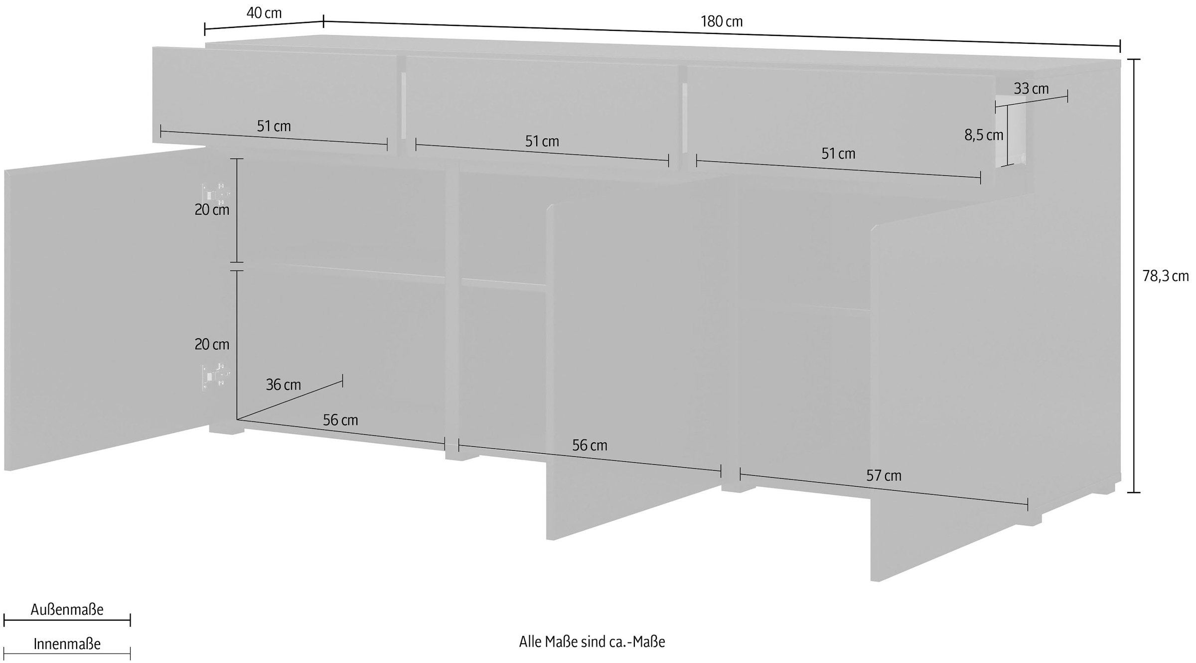 GOODproduct Kommode »Cross,Breite 180 cm, moderne grifflose Kommode,3 Türen/3 Schubkästen« Schubladenschrank mit viel Stauraum, Einlegeböden verstellbar
