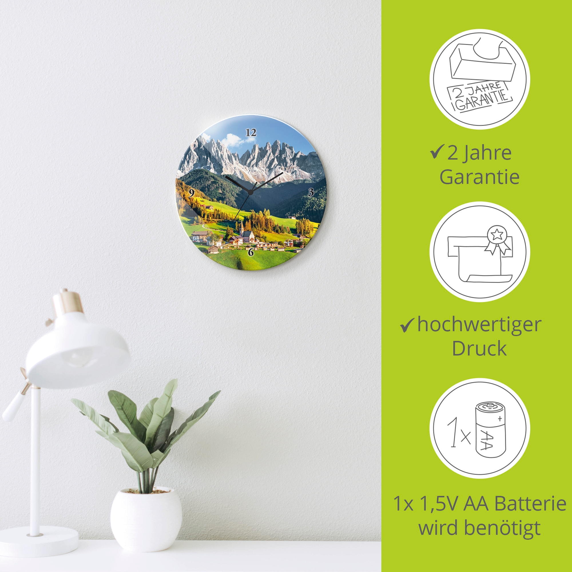 Artland Horloge murale »Glasuhr rund Alpen Berge Santa Maddalena« wahlweise mit Quarz- oder Funkuhrwerk, lautlos ohne Tickgeräusche