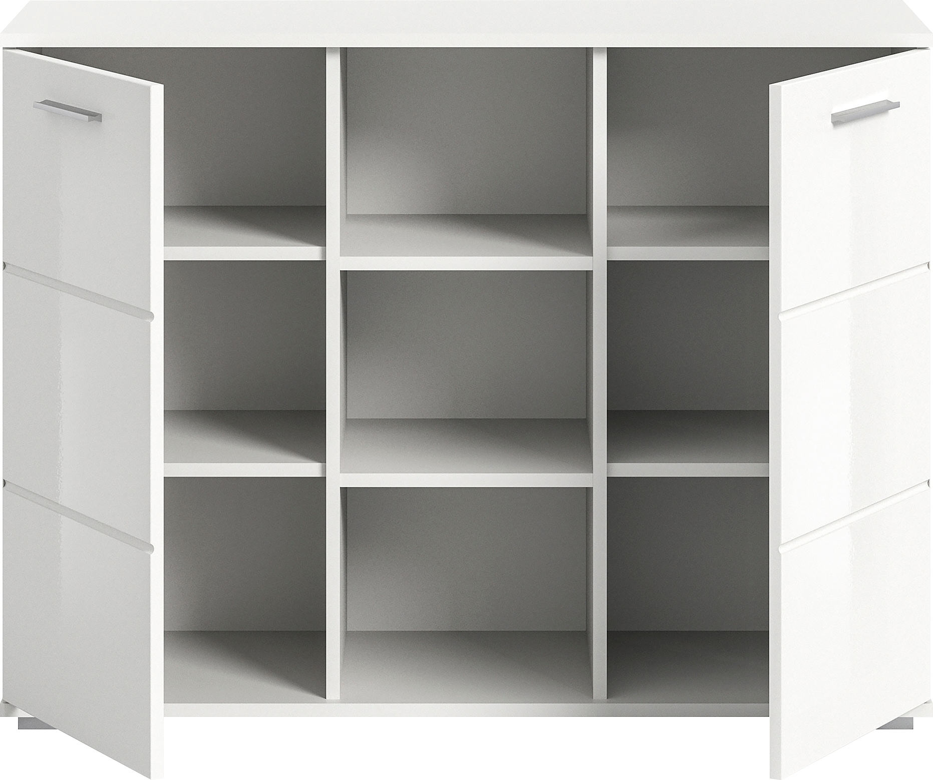 Home affaire Sideboard »Valge, Breite 110 cm, 2 Türen, 4 verstellbare Böden, 3 offene Fächer« Front-Rillenfräsung, Schuhkommode, Anrichte, Schrank, Kommode