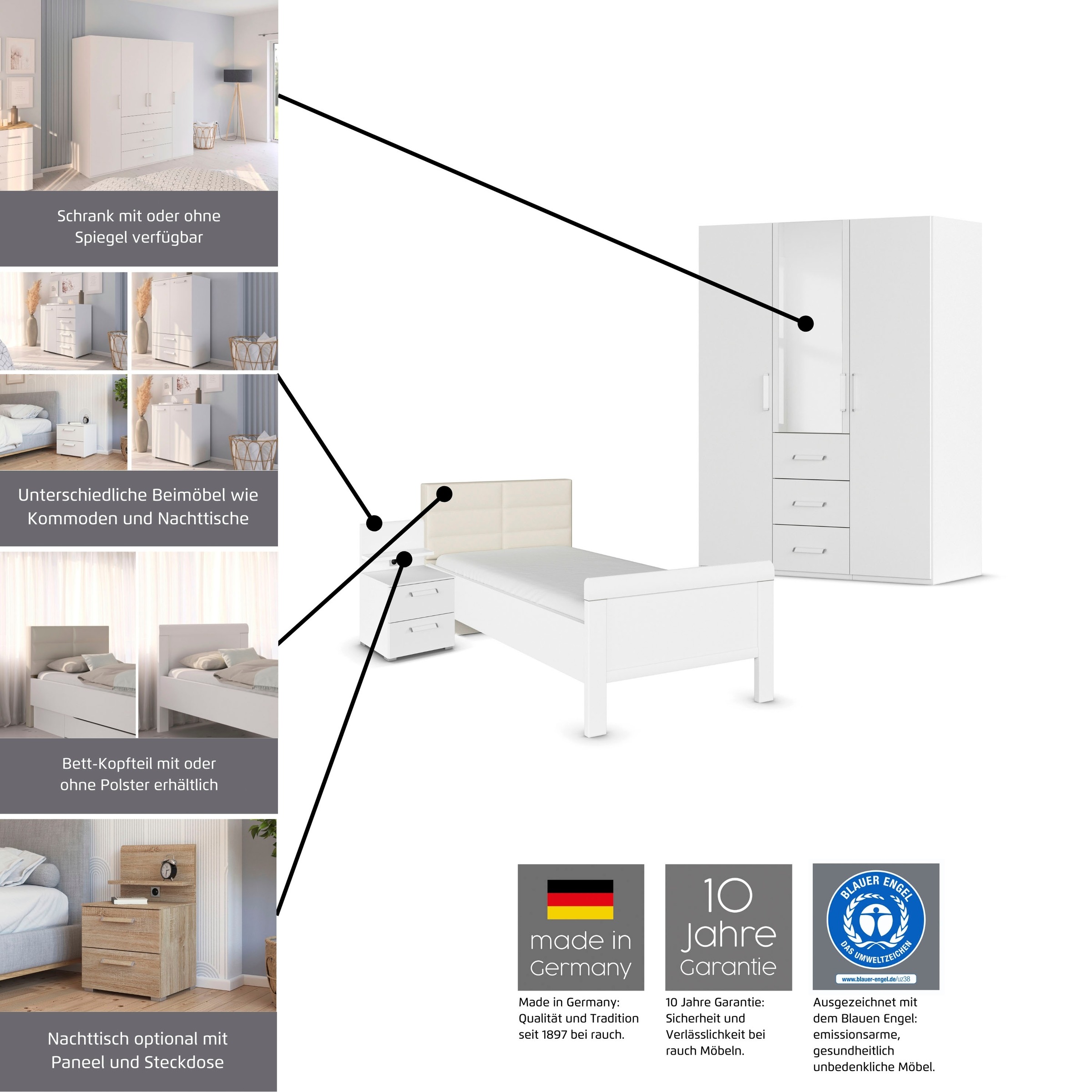 rauch Schlafzimmer-Set »Komplettschlafzimmer Schlafzimmer EVELYN« Set, inkl. SOFT-CLOSE-FUNKTION, 3 Stk. tlg. Schrank und Bett in 2 Breiten, Nachttisch mit Paneel MADE IN GERMANY