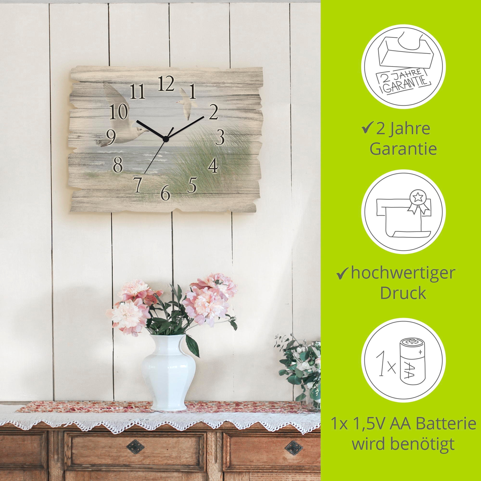 Artland Wanduhr »Nordseestrand mit Möwen« wahlweise mit  Quarz- oder Funkuhrwerk, lautlos ohne Tickgeräusche