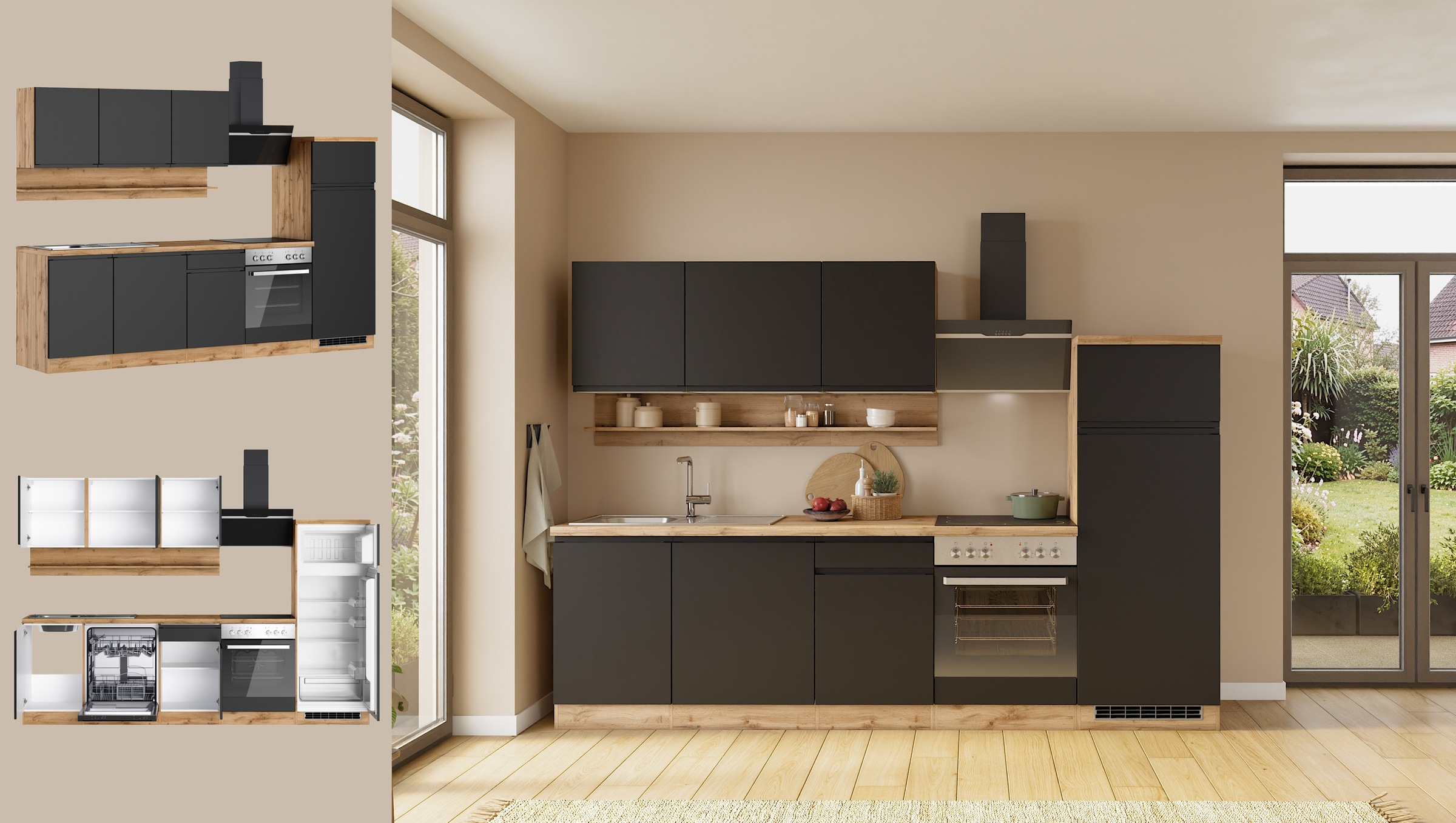 KOCHSTATION Kitchenette »KS-Virginia,neu in verbesserter Ausführung« plan de travail épaisseur 38 mm, rangement, fermeture douce,  Largeur 280 cm, fermeture douce, avec ou sans appareils électriques
