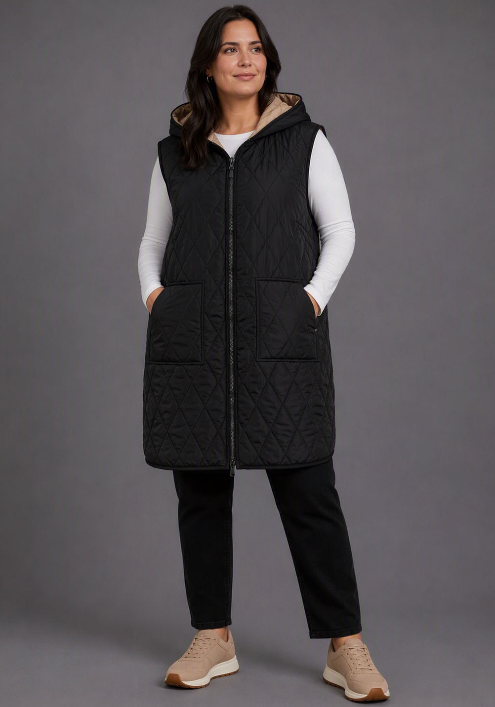 Polarino Gilet long »Grosse Grössen« veste réversible 2 en 1 matelassée avec capuche, bicolore