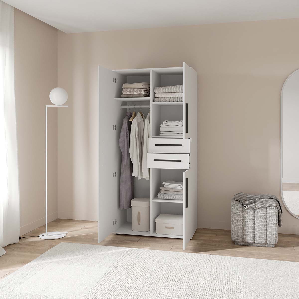 Demeyere GROUP Armoires à vêtements »VERSATIL – mit Schubladen in Komforthöhe & Metall-Kleiderstangen« L/H/P env. 90x190x50 cm,  beaucoup d'espace de rangement, panneau de particules robuste, facile d'entretien, Made in EU