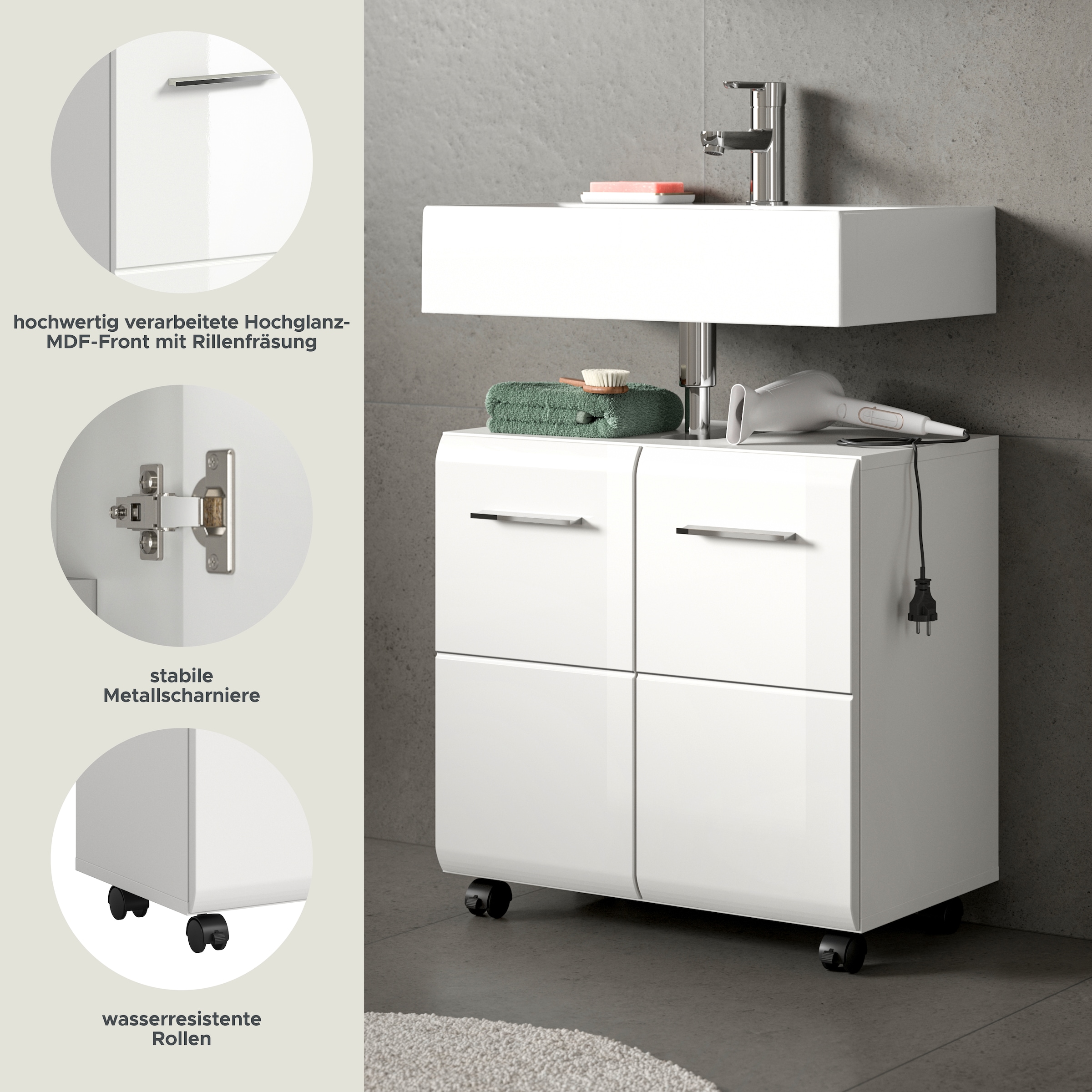 welltime Waschbeckenunterschrank »FLORENZ,  Breite 60cm, inkl. Siphonausschnitt, mit Türen oder Schüben« TOPSELLER!,  hochwertige MDF Front, Griff schwarz, Badschrank, Bad