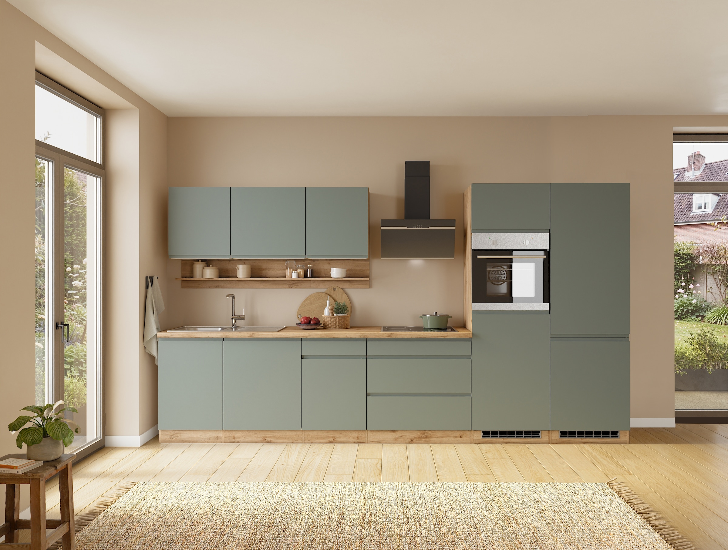 KOCHSTATION Kitchenette »KS-Virginia,neu in verbesserter Ausführung« plan de travail épaisseur 38 mm, rangement, fermeture douce,  largeur 360 cm, softclose, au choix avec appareils électriques et induction