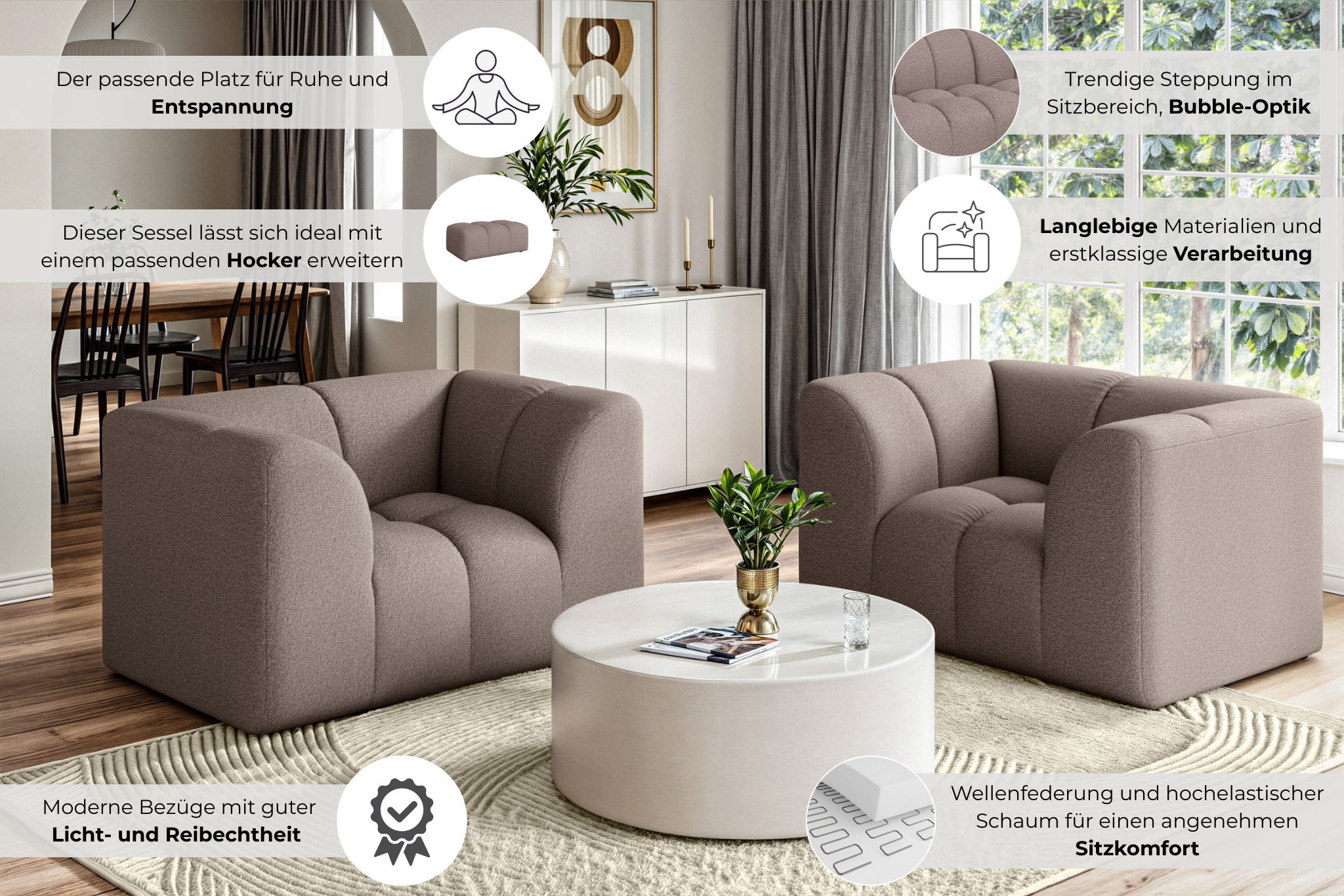 Home affaire Fauteuil »TUURE Verlässliche Qualität, moderne Steppung, Breite 134cm« Bubble Optik, hoher Sitzkomfort, Wellenunterfederung