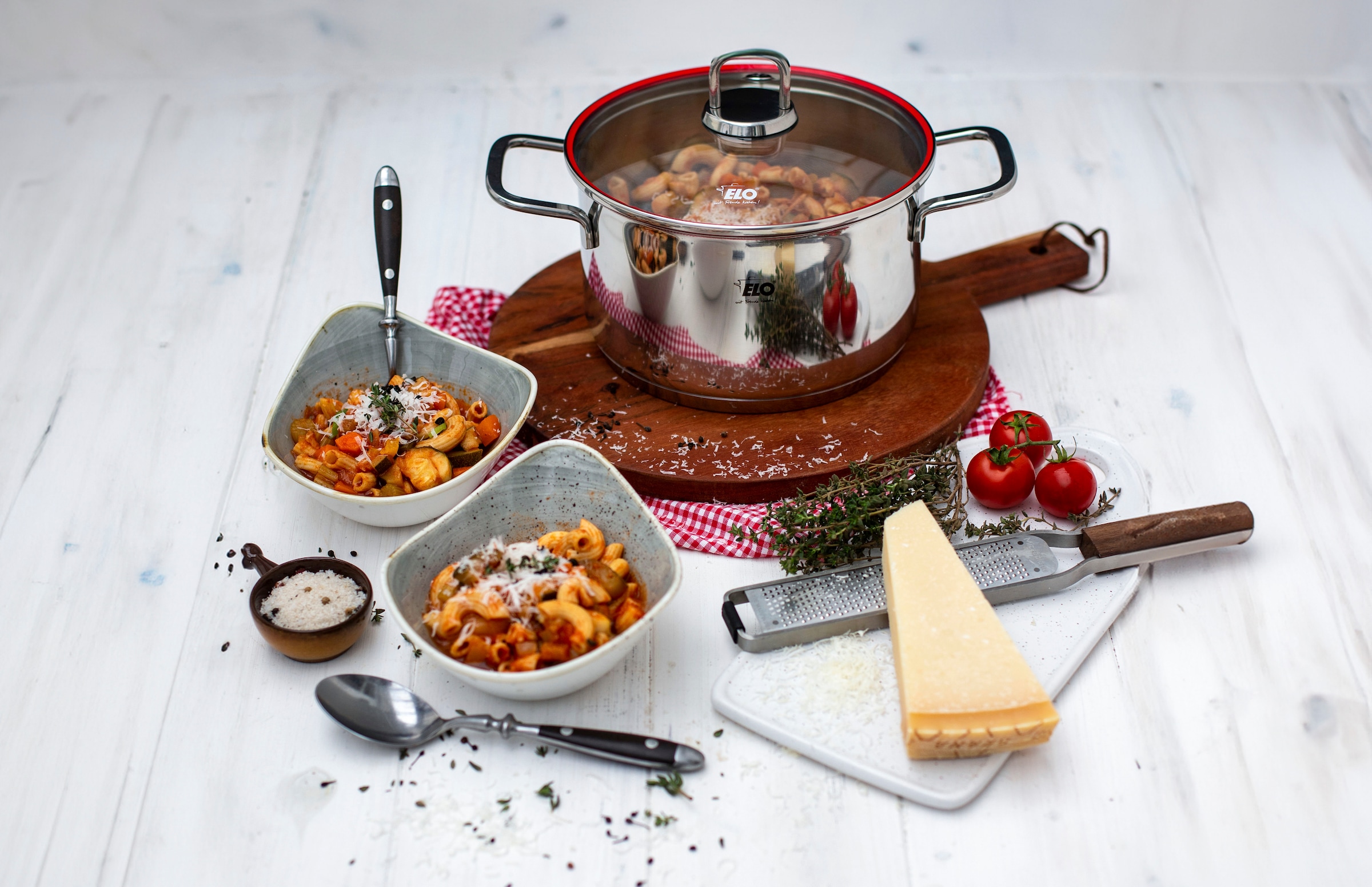 Elo Set de casseroles »Excellent« Set, Bratentopf Ø 20 cm, je 1 Fleischtopf Ø 16/20/24 cm, Kasserolle Ø 16 cm, 6 cuis tlg. inkl. Untersetzer, mit Literskala, Induktion