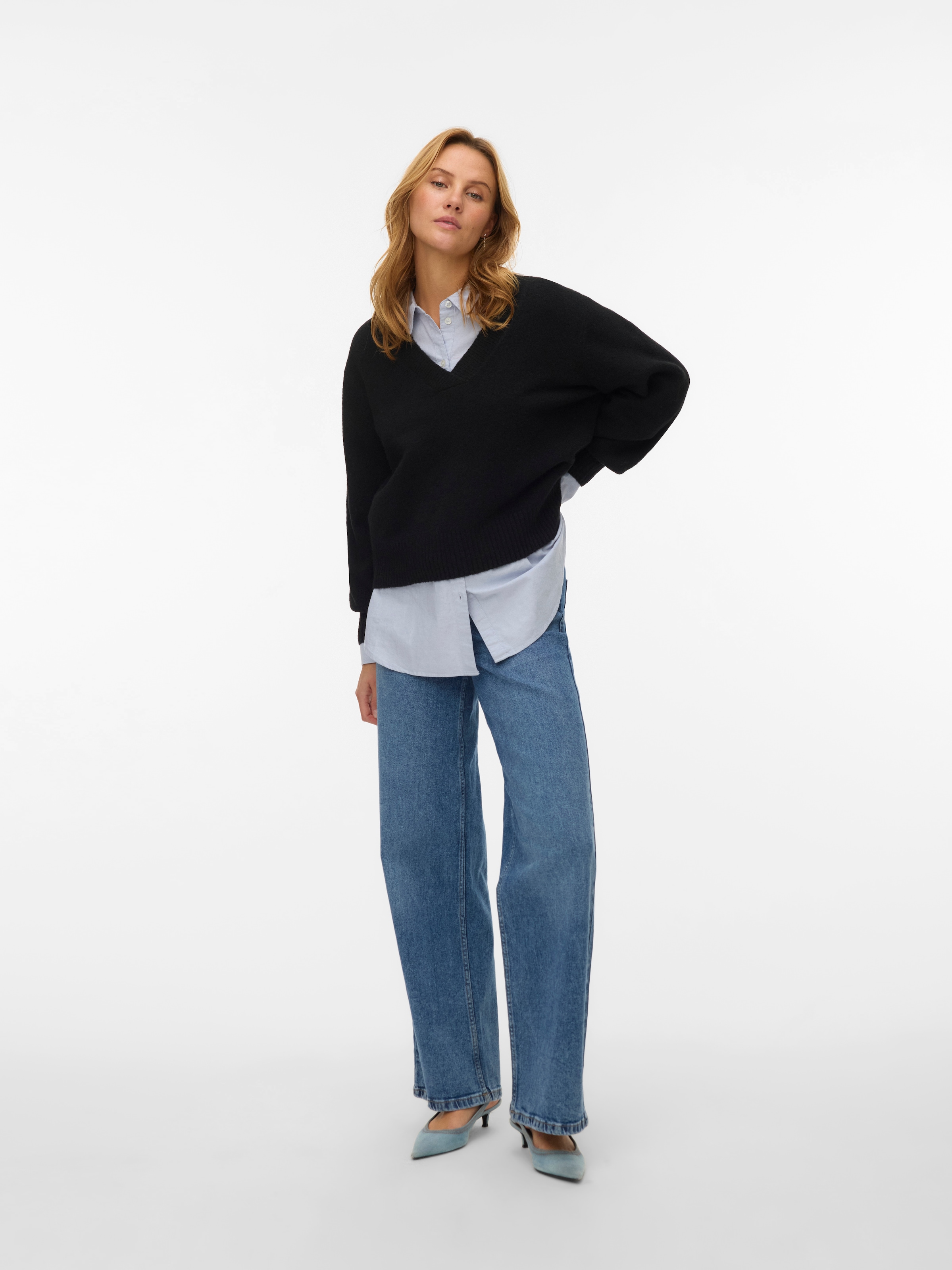 Vero Moda Pull col V »VMBOOM LS V-NECK PULLOVER NOOS« Mélange de matériaux, avec laine et stretch