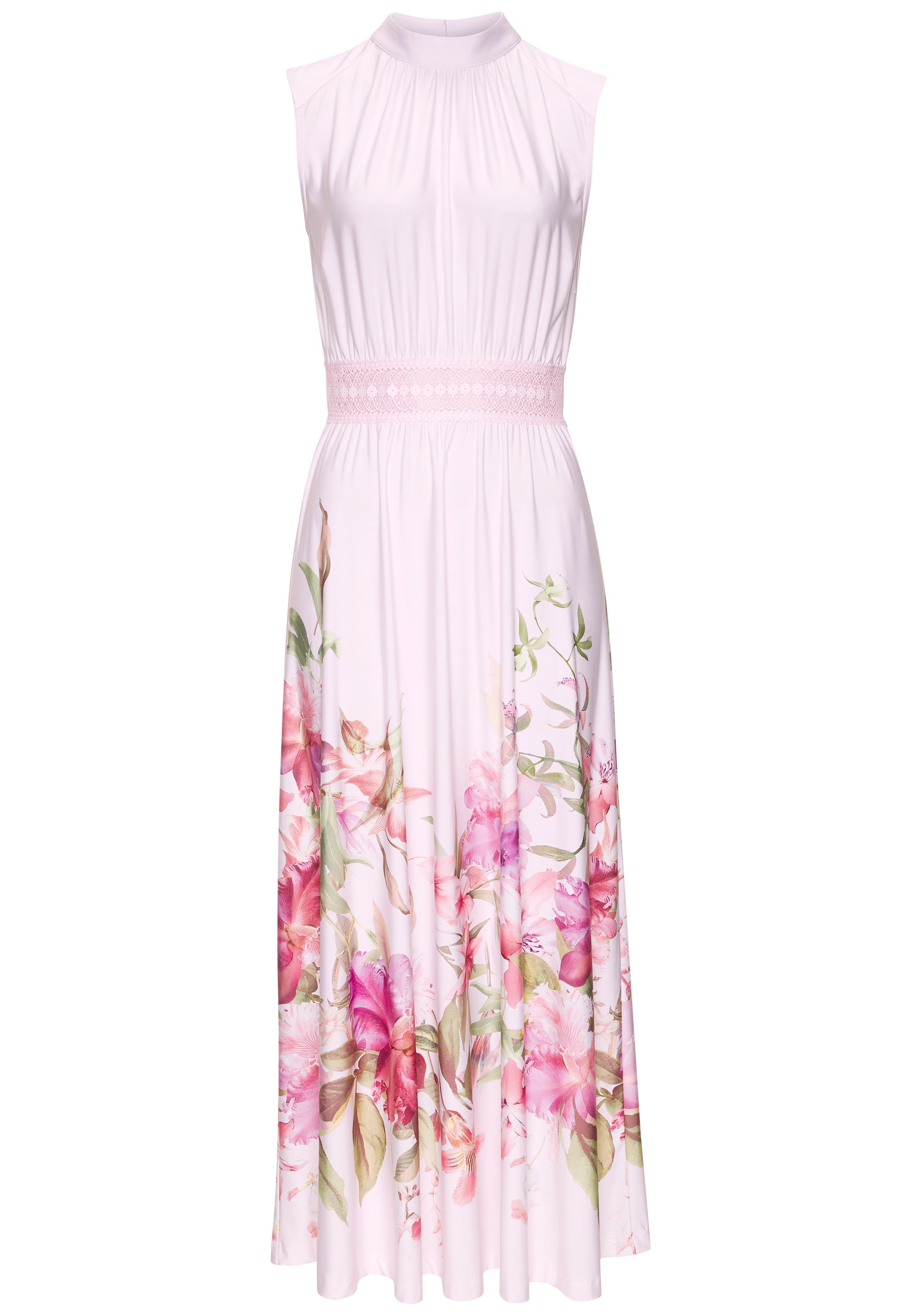 LASCANA Maxi robe »aus glatter bügelfreier Ware« avec imprimé floral, robe d'été avec insert en dentelle, robe en jersey, festive