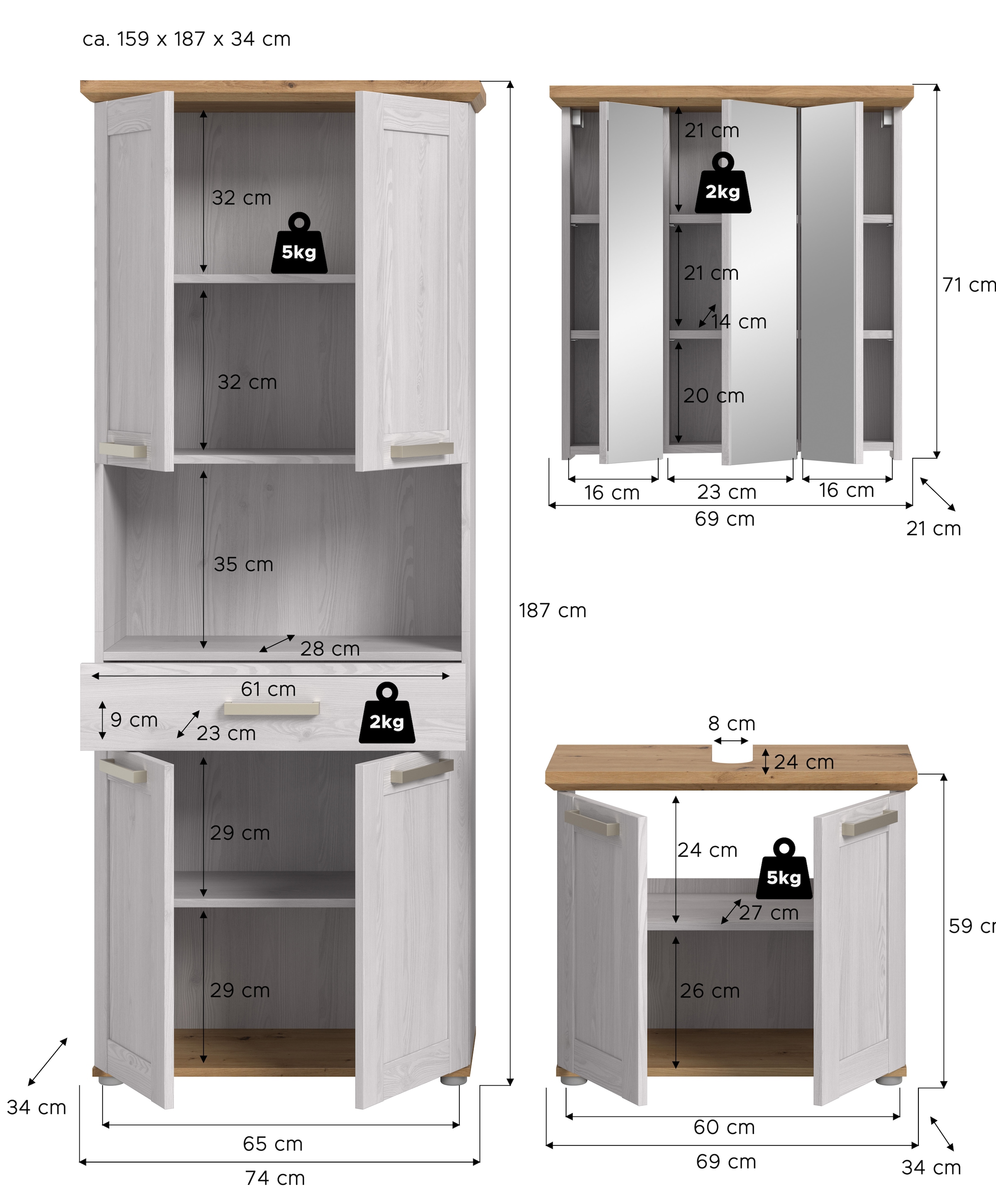 welltime Ensemble de meubles de salle de bain »COSENZA« best. aus: 1 Hochschrank, 1 Spiegelschrank, 1 Waschbeckenunterschrank, 3 cuis tlg.