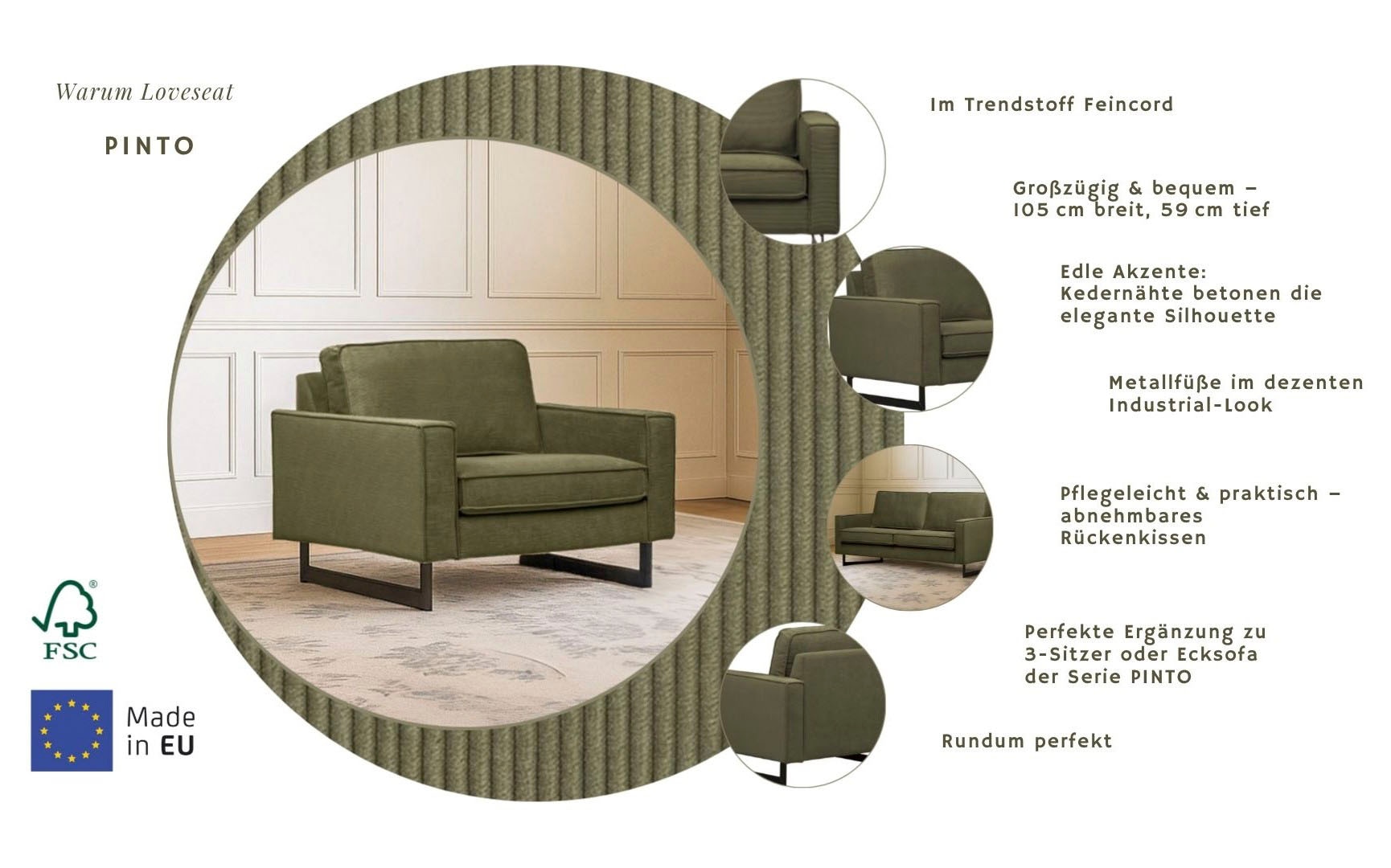 Home affaire Canapé 2 places »Pinto 105 cm, Cord, Chenille, Lederoptik« mit Keder, Metallfüssen und auch in Cord Bezug erhältlich