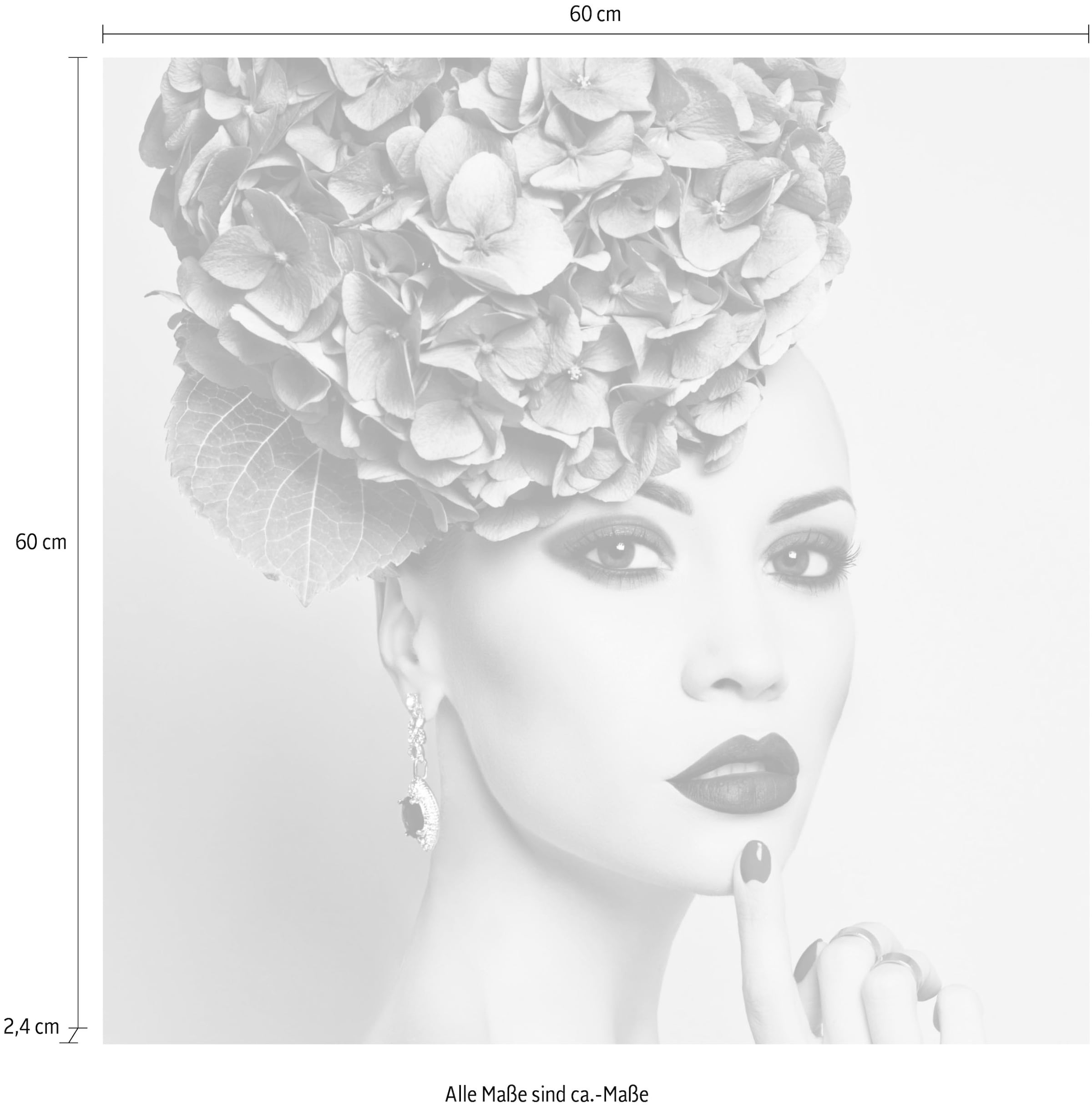 queence Tableau en verre acrylique »Frau mit Blumenhut« Fine Art-Print in Galeriequalität