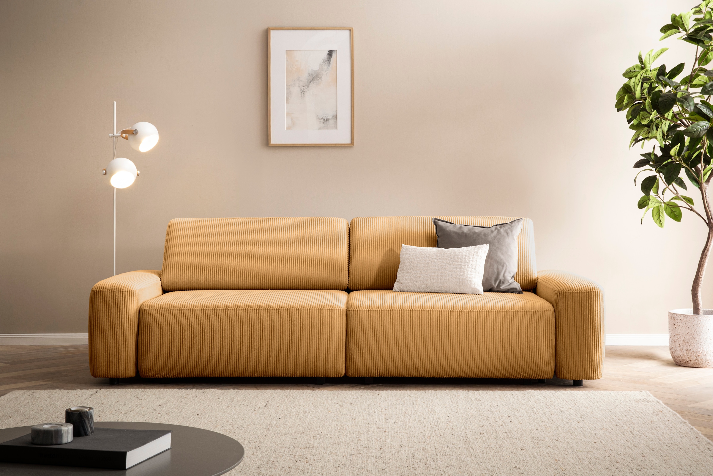 Home affaire 3-Sitzer »TORGE (257cm), Sofa,Schlafsofa in Cord, Samtvelours, Struktur fein« rundes Design, Schlaffunktion u. Bettkasten, Liegefläche: 135/200 cm