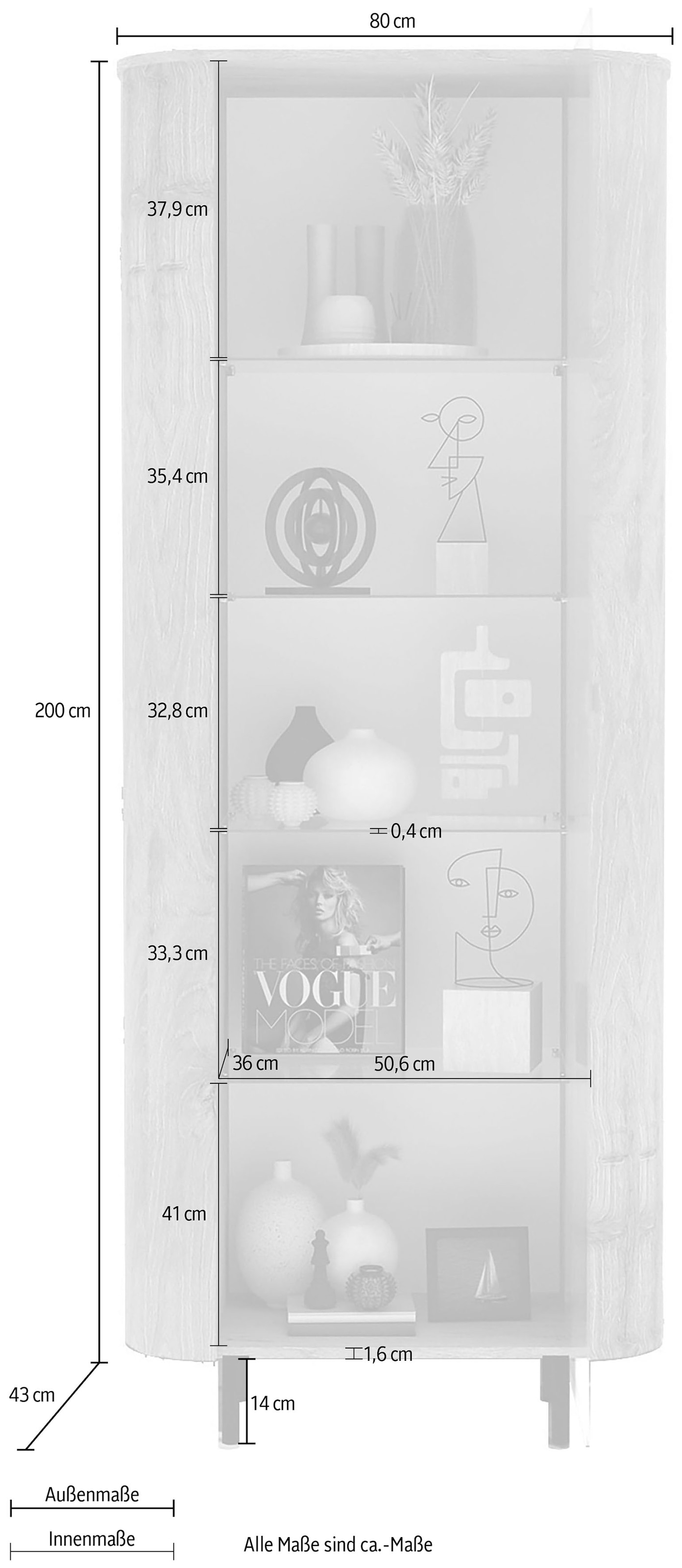 Home affaire Vitrines »Murano, Standvitrine H 200 cm, B 80 cm, 1 Tür, Vitrinenschrank« Formgebogenes MDF, Stirnseiten mit Rundung, Metallfüsse, stilvoll