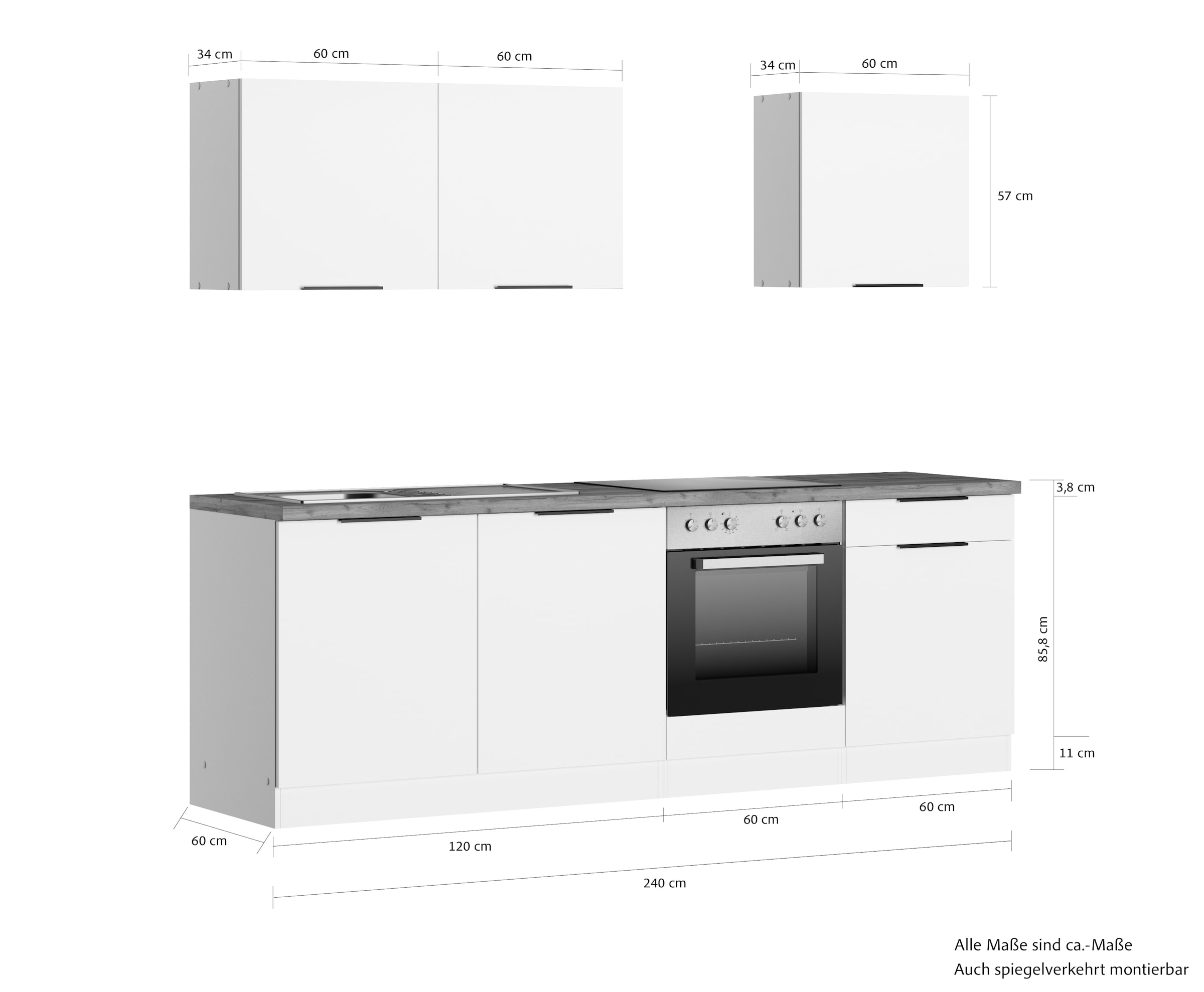 KOCHSTATION Kitchenette »KS-Lagos2, Breite 240 cm« au choix avec appareils électriques, avec plan de travail d'une épaisseur de 38 mm