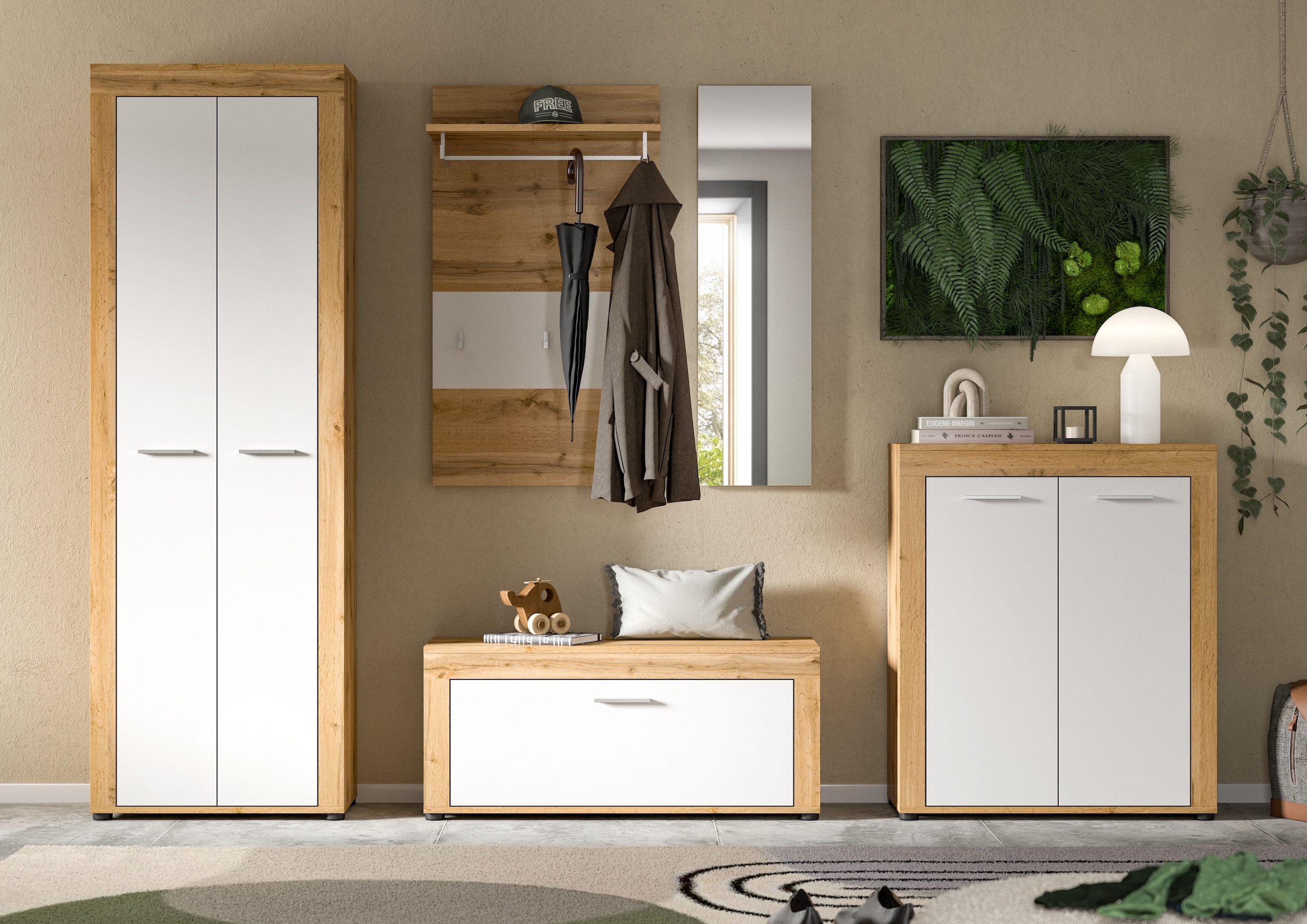 Home affaire Garderoben-Set »AOSTA, TOPSELLER!, Breite 285cm, 5-teilige Garderobenkombination« Set, bestehend aus: Garderobenschrank, Sitzbank, Paneel, Spiegel & Kommode, 5 Stk. tlg.