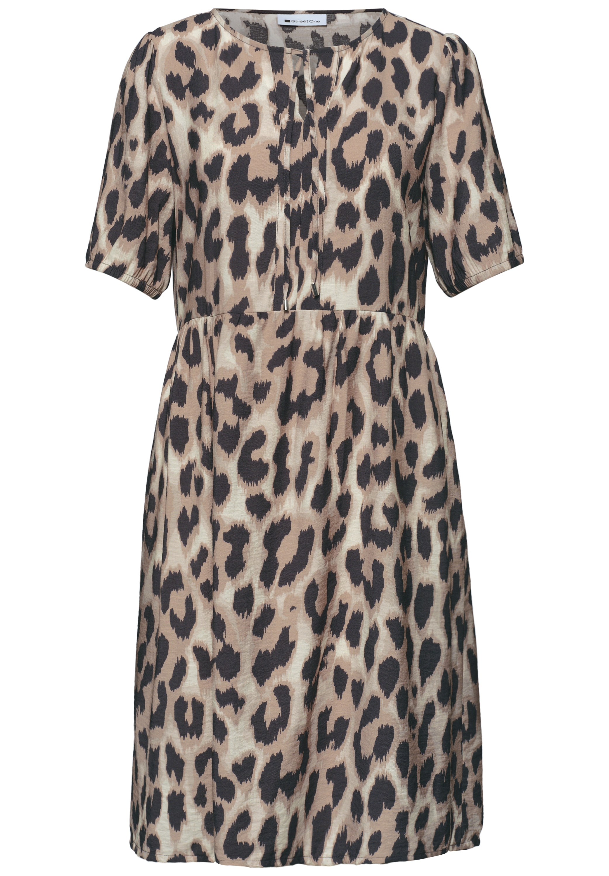 STREET ONE Sommerkleid Ohne Taschen Sommerkleid mit Split Neck und Allover-Print/Blätter-Design
