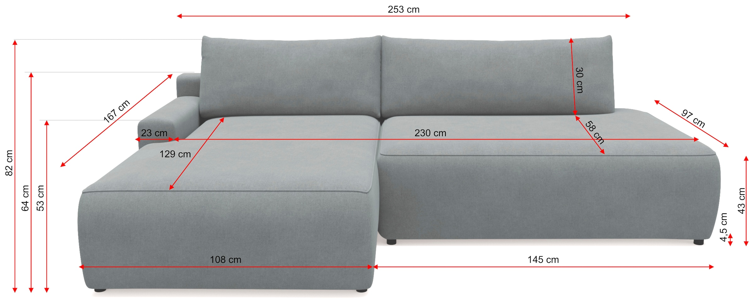 TRENDMANUFAKTUR Canapé d'angle »Prag, Schlafsofa mit Bettkasten, Couch in L-Form, Breite 253 cm« en tissu structuré fin, anthracite, méridienne à gauche
