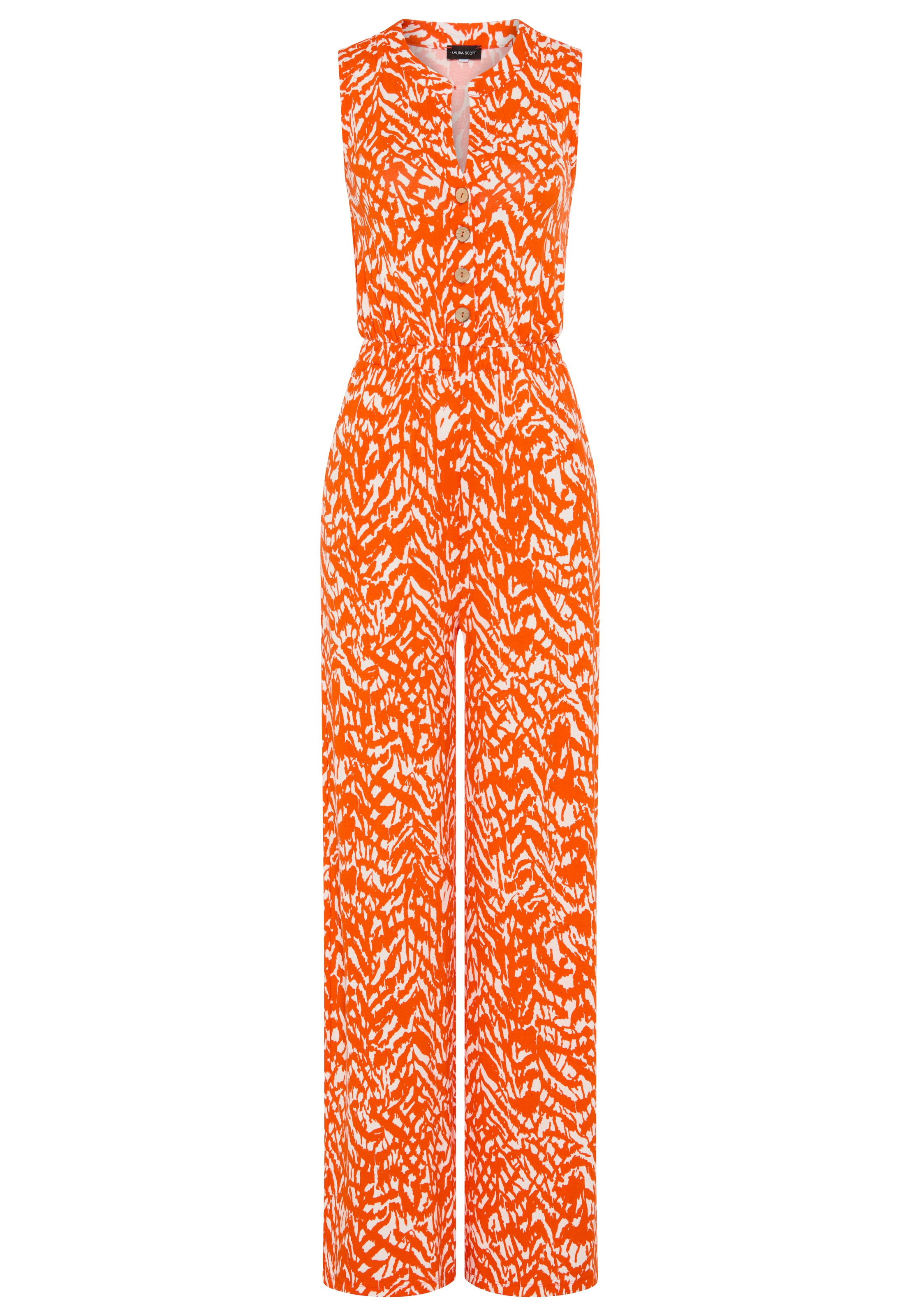 Laura Scott Jumpsuit mit sommerlichem Muster, modisch weites Bein und Knopfleiste
