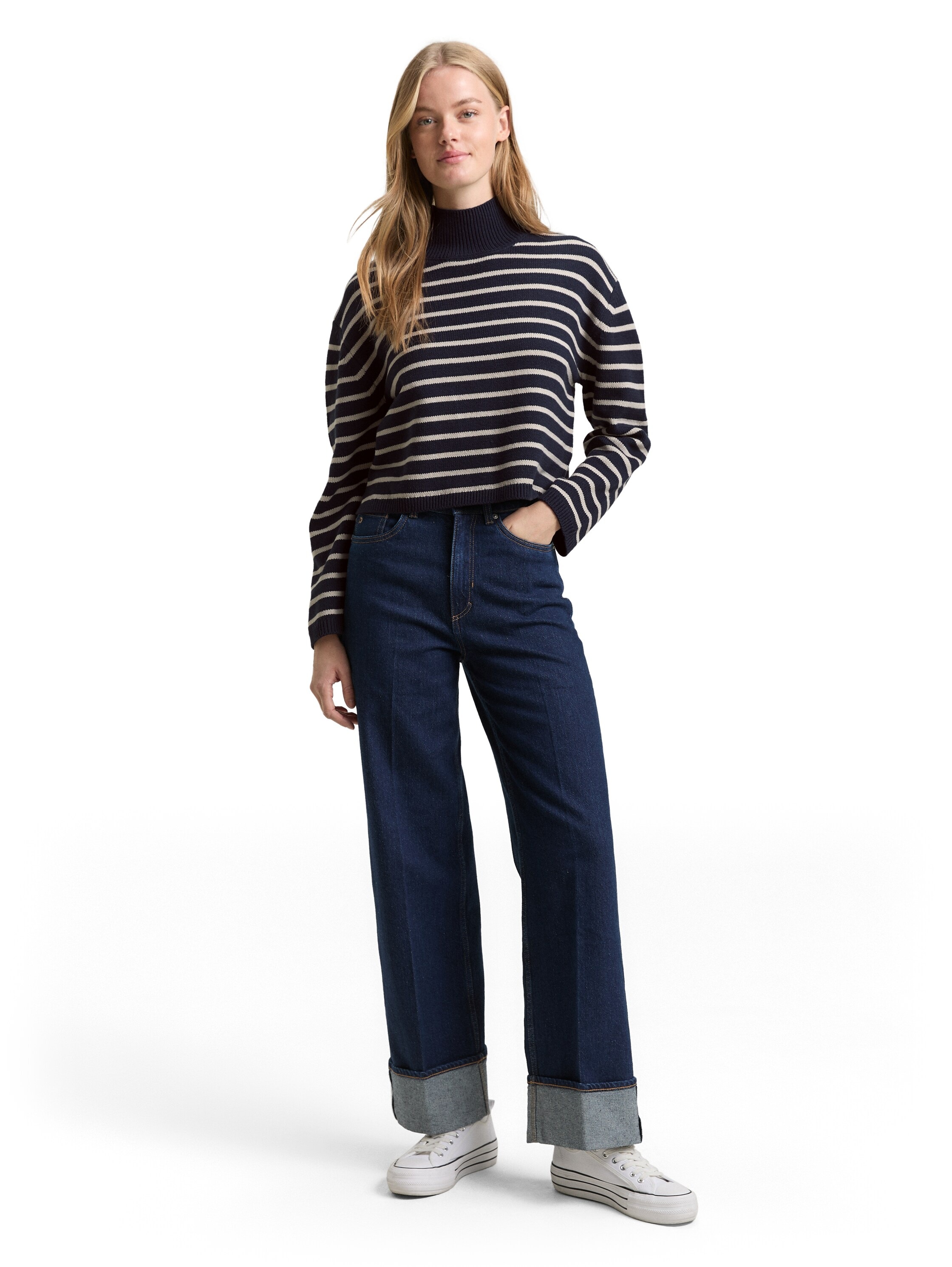 TOM TAILOR Denim Pull en tricot im Streifen-Design und mit Stehkragen